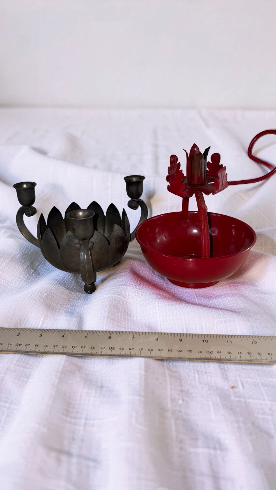 Vintage Candle Holder Lot Leonard Silverplate Lotus & Red Metal Toleware MCM