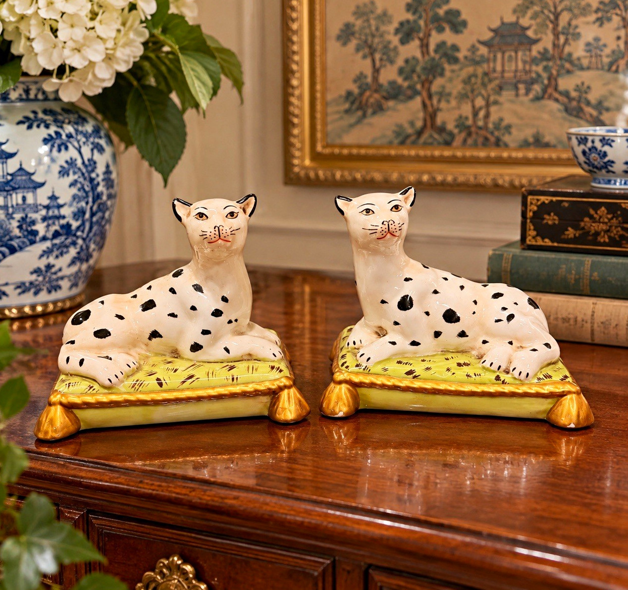 Pair Chinoiserie Spotted Leopard Cat Figurines Porcelain Tassel Cushions China