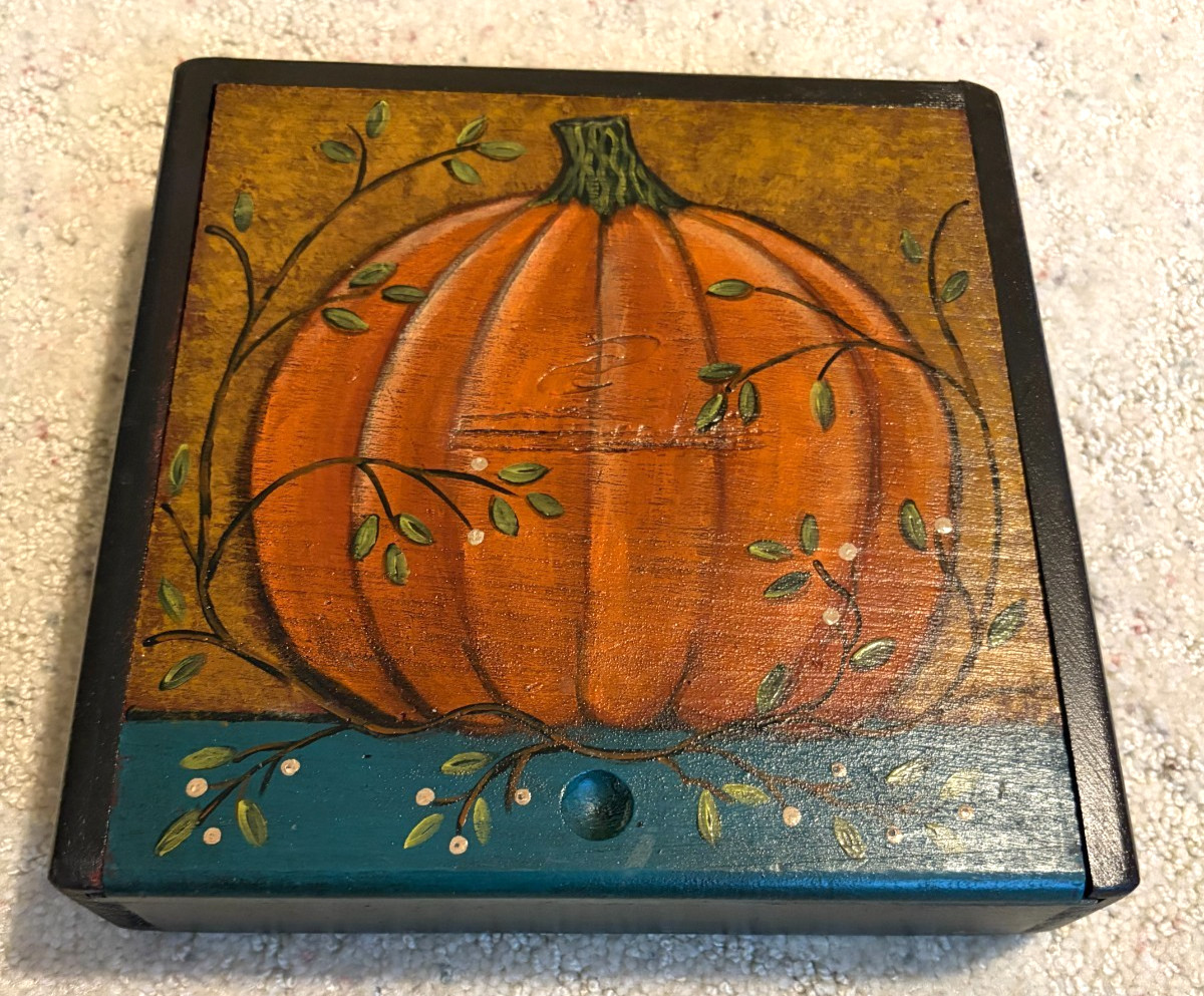 Vintage Hand Painted Wood Keepsake Box w/Slide Top: Fall, Pumpkin Folk Art Decor