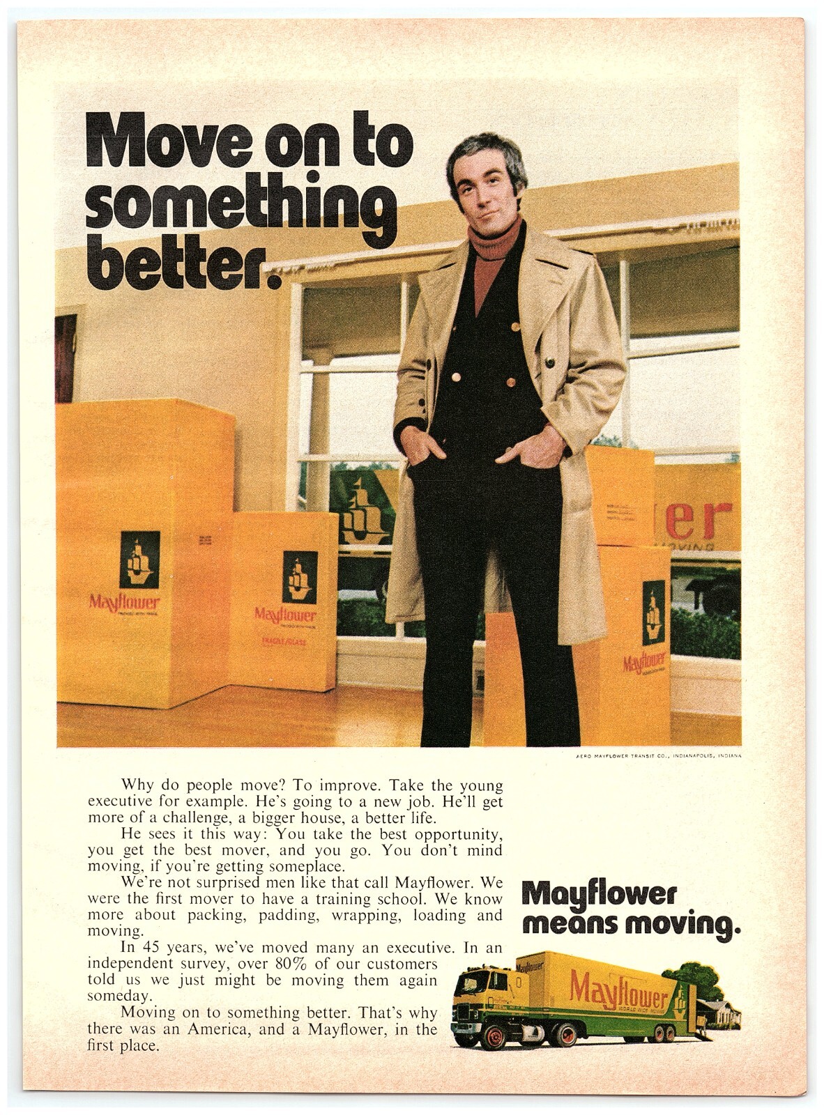 1973 Mayflower World Wide Print Ad, Semi Truck Moving Yellow Boxes Guy Trench