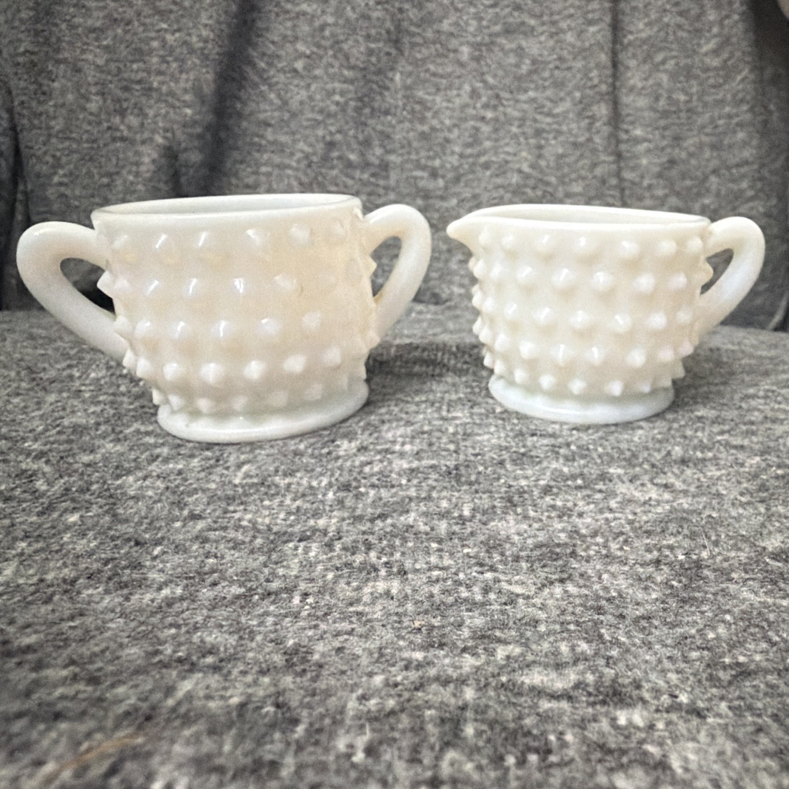 Unmarked White Hobnail Milk Glass Creamer & Sugar Bowl Set 2pc Handles
