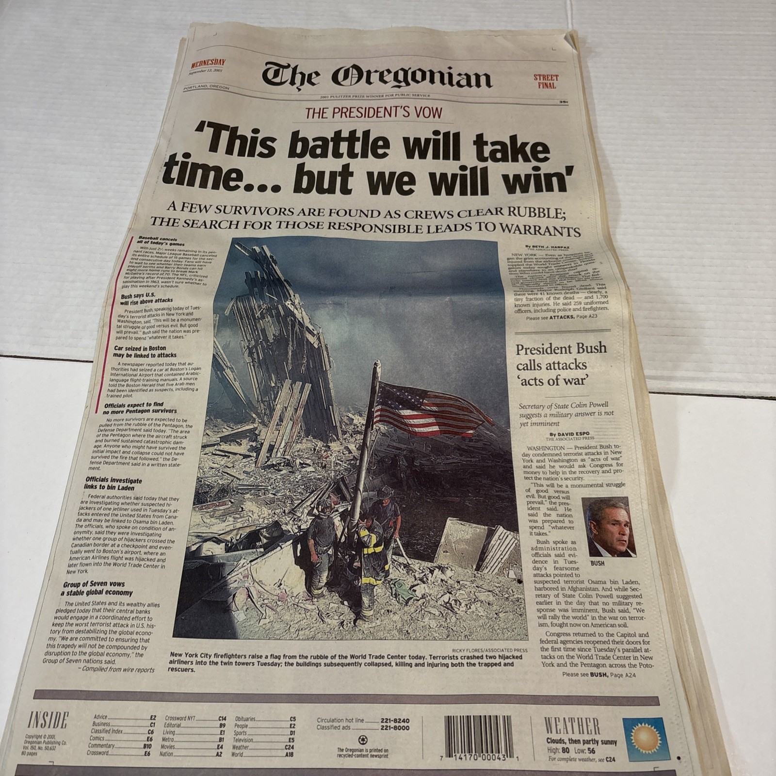 Oregonian Newspaper Sept 12 2001: 9/11 World Trade Center (WTC) - Historic