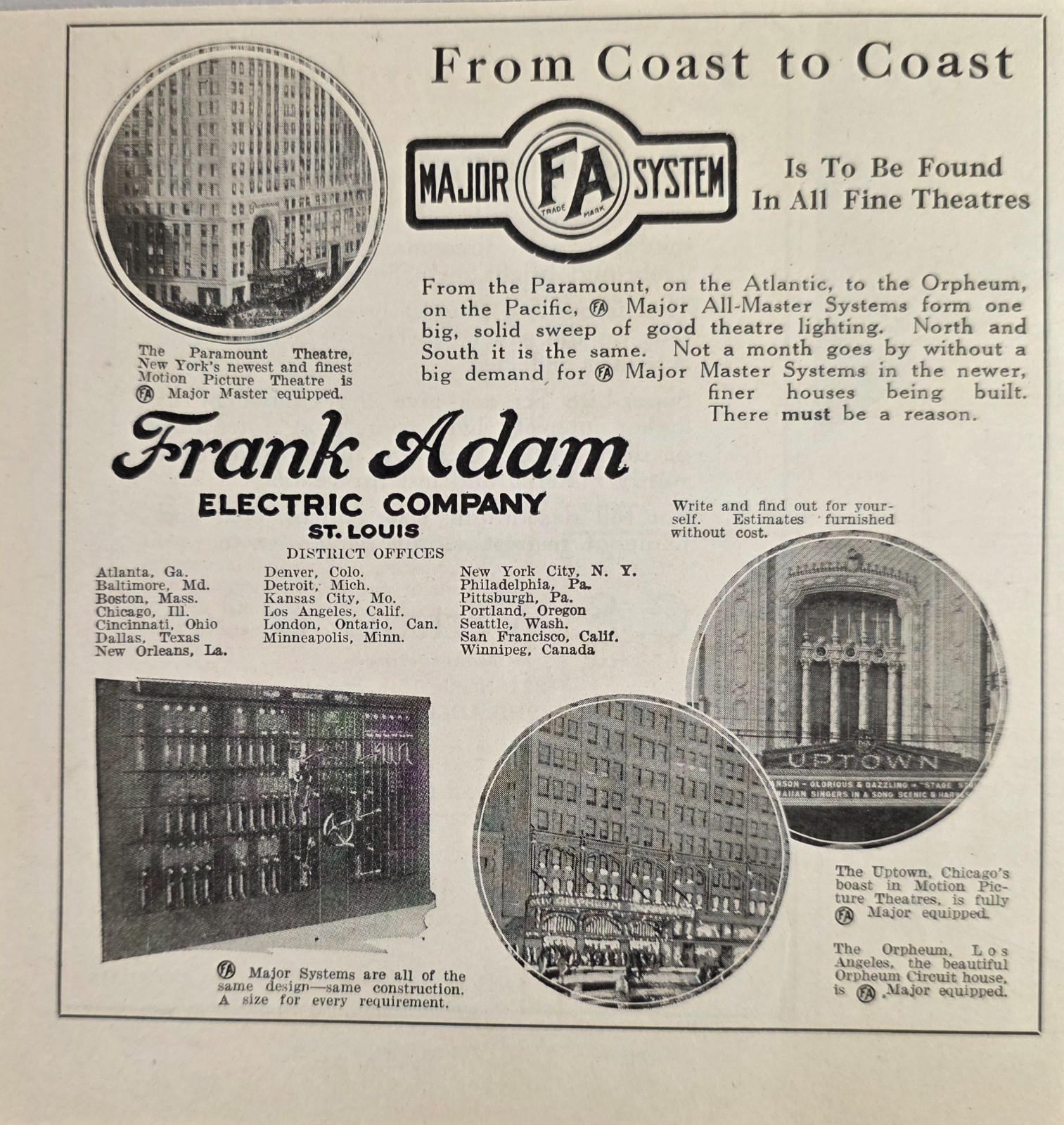 1926 Ad Major All Master Systems Theater Lighting Frank Adam Electric St L,MO