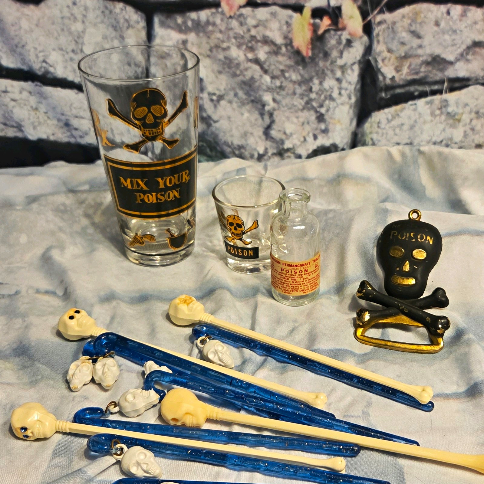 George Briard Vintage Mix Your Poison, shot glass, bottle opener, swizzles, etc