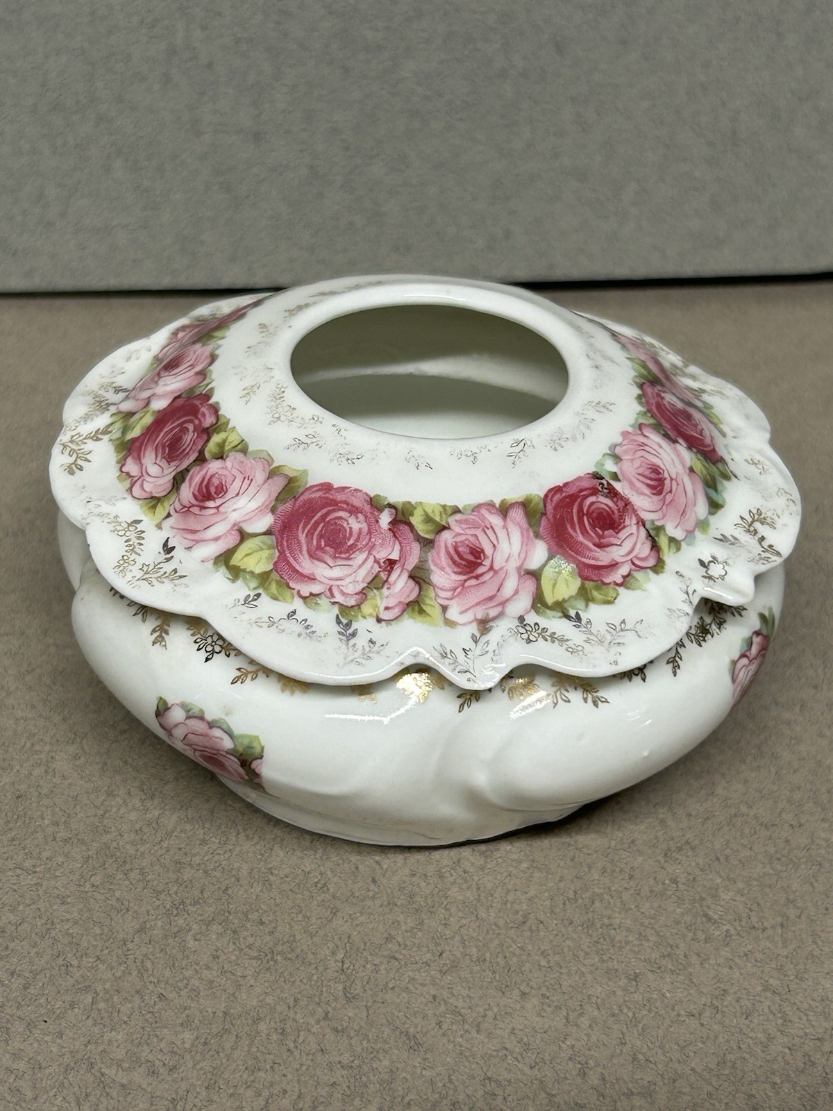 Antique Prov Saxe ES Germany Hair Receiver Pink Roses Gold Gilt