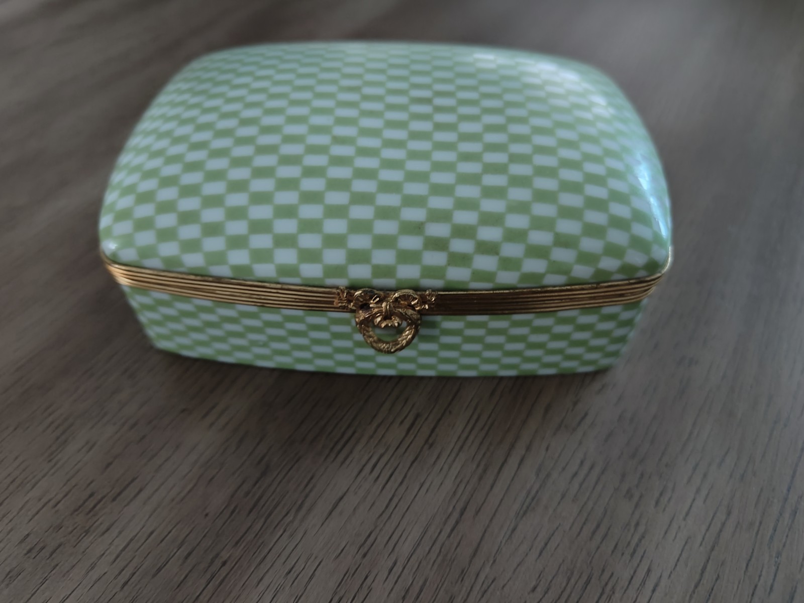 Vintage Chamart Limoges Porcelain Green and White Checkered Trinket Box