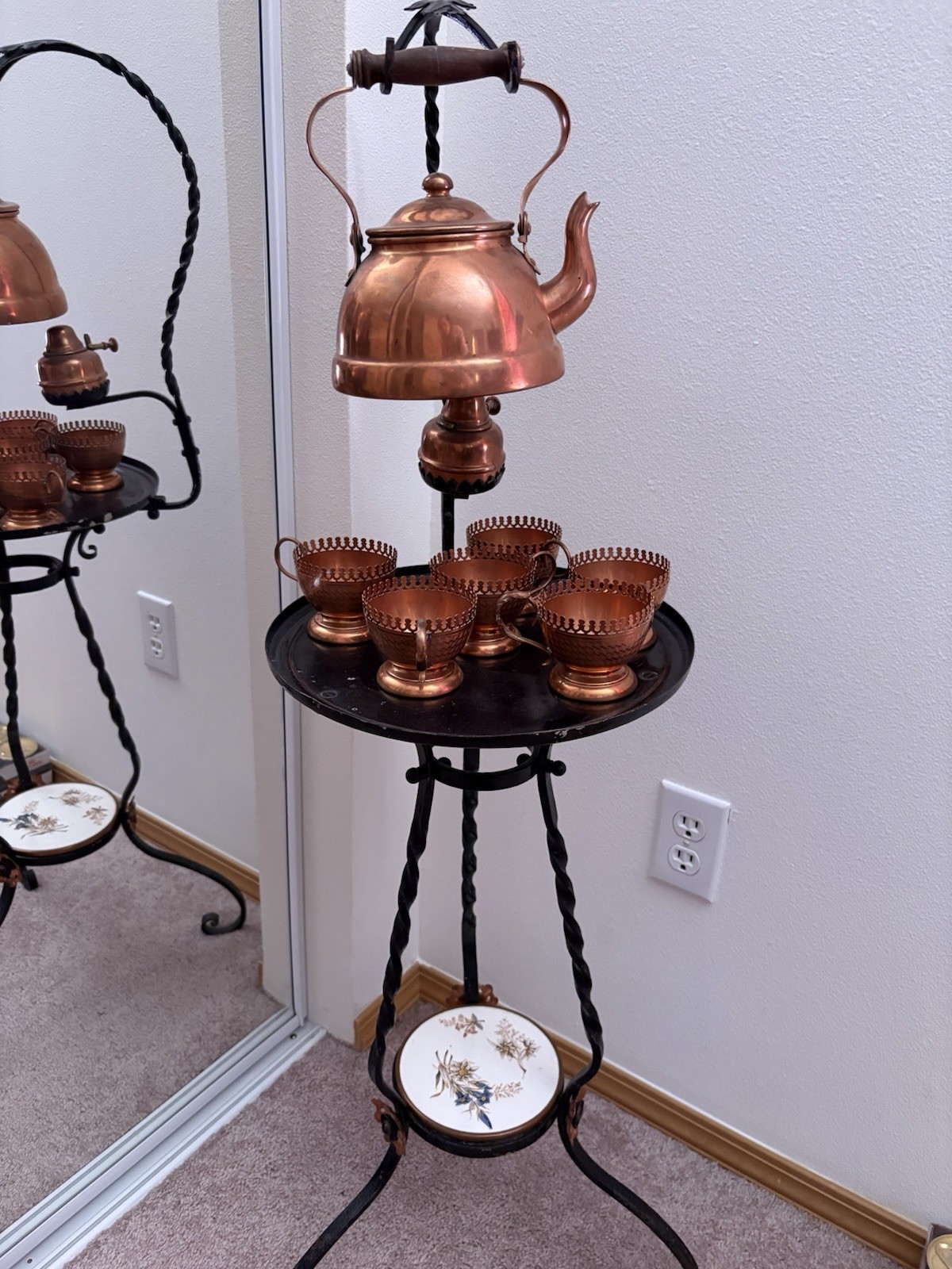 Antique Copper Teapot Kettle Set Wrought iron Floor Stand Burner Cup Holders 42”