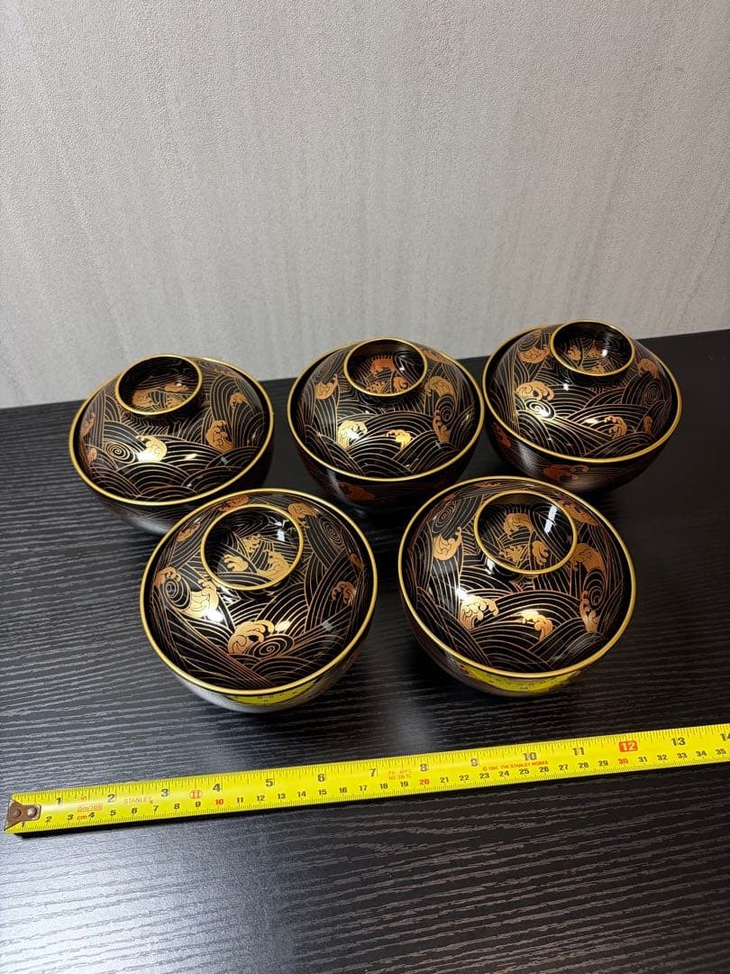Luxury Lacquerware Soup Bowl Set 5pc Gold Wave Design Black Finish