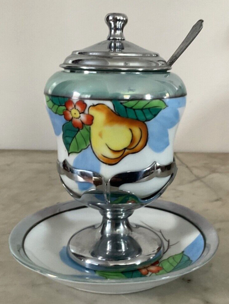 VINTAGE FARBER BROS JAM JELLY JAR W/UNDER PLATE LID & SPOON, Japan - read