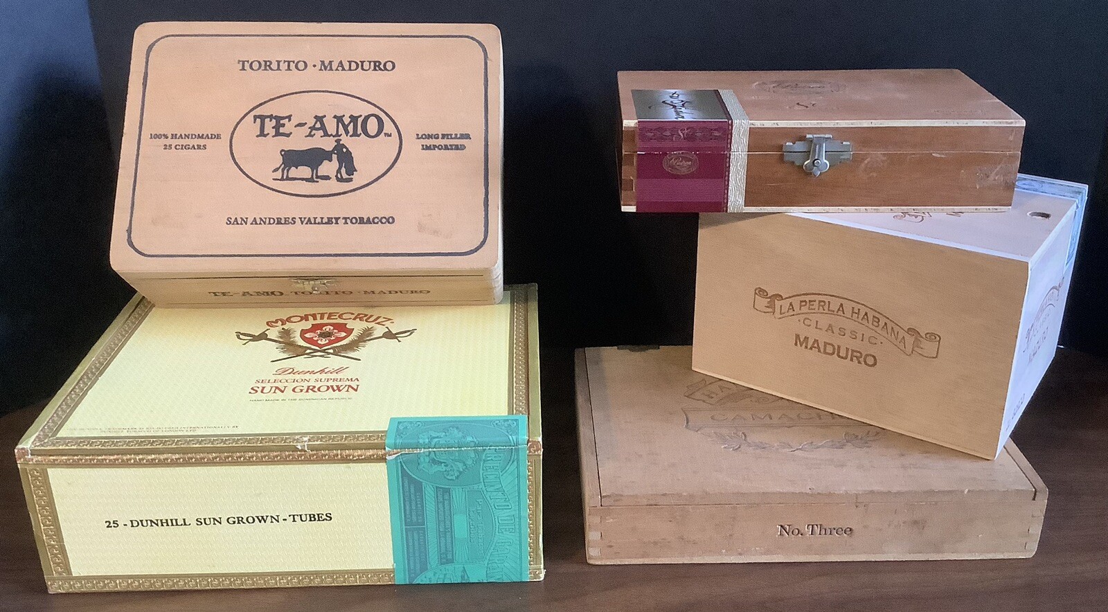 LOT OF 5 WOODEN WOOD CIGAR BOXES CAMACHO MONTE CRUZ MADURO PADRON