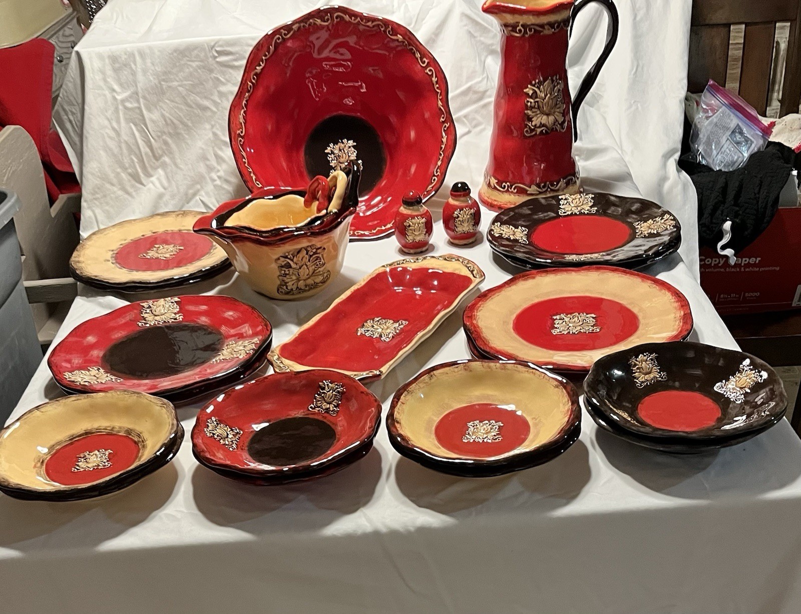 Bella Casa by Ganz Red & Black Dinnerware Serveware Lot Plates Bowls Pitcher