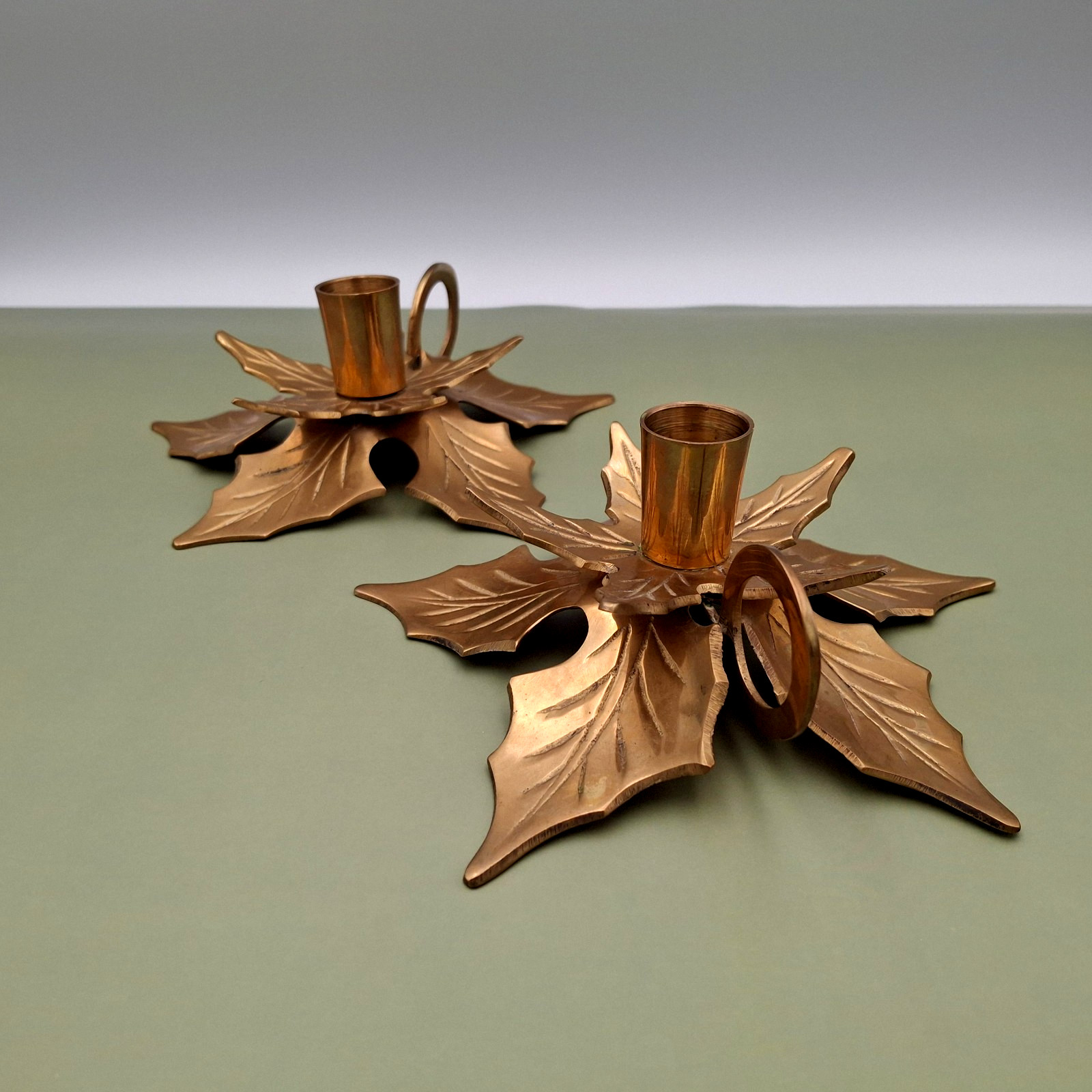 VTG Solid Brass Taper Candle Holders Holly Leaf Design Ring Holder Set of 2