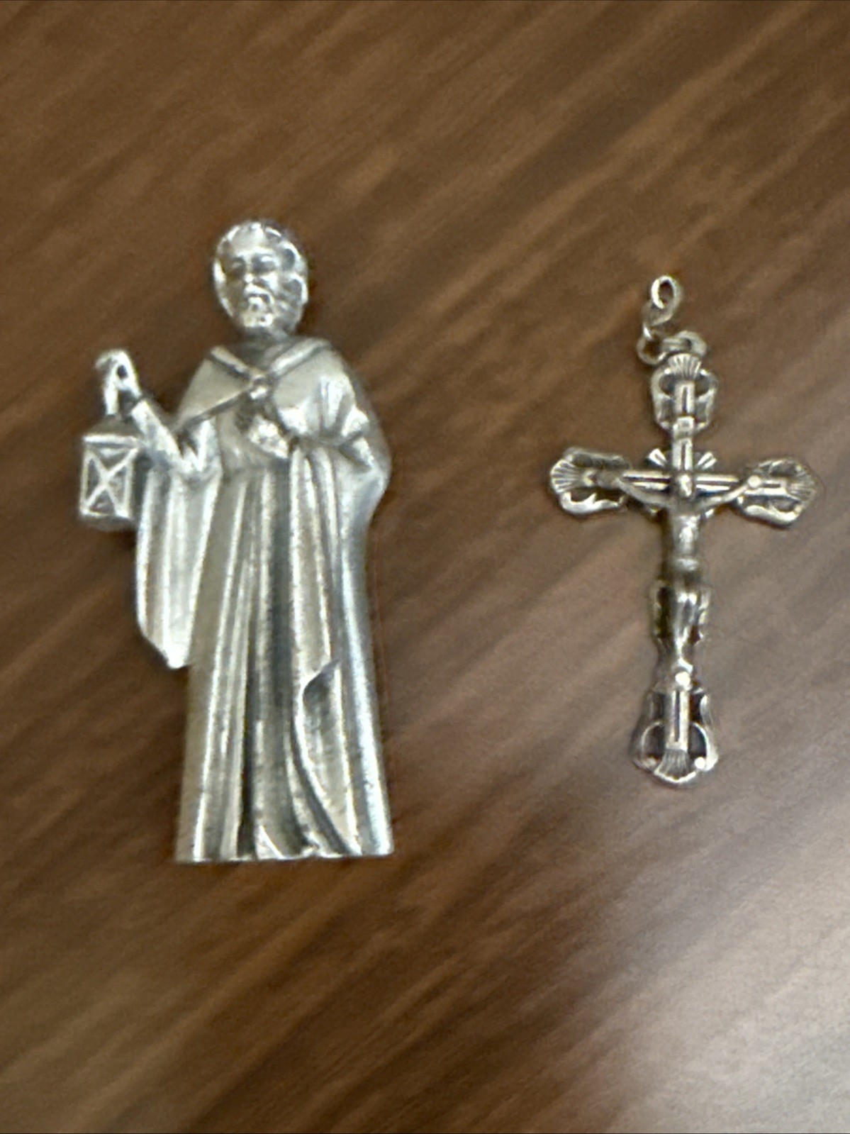 Vtg Pewter Saint Joseph Figurine And Vtg Small Cross Pendant-Peltro & Rome Italy