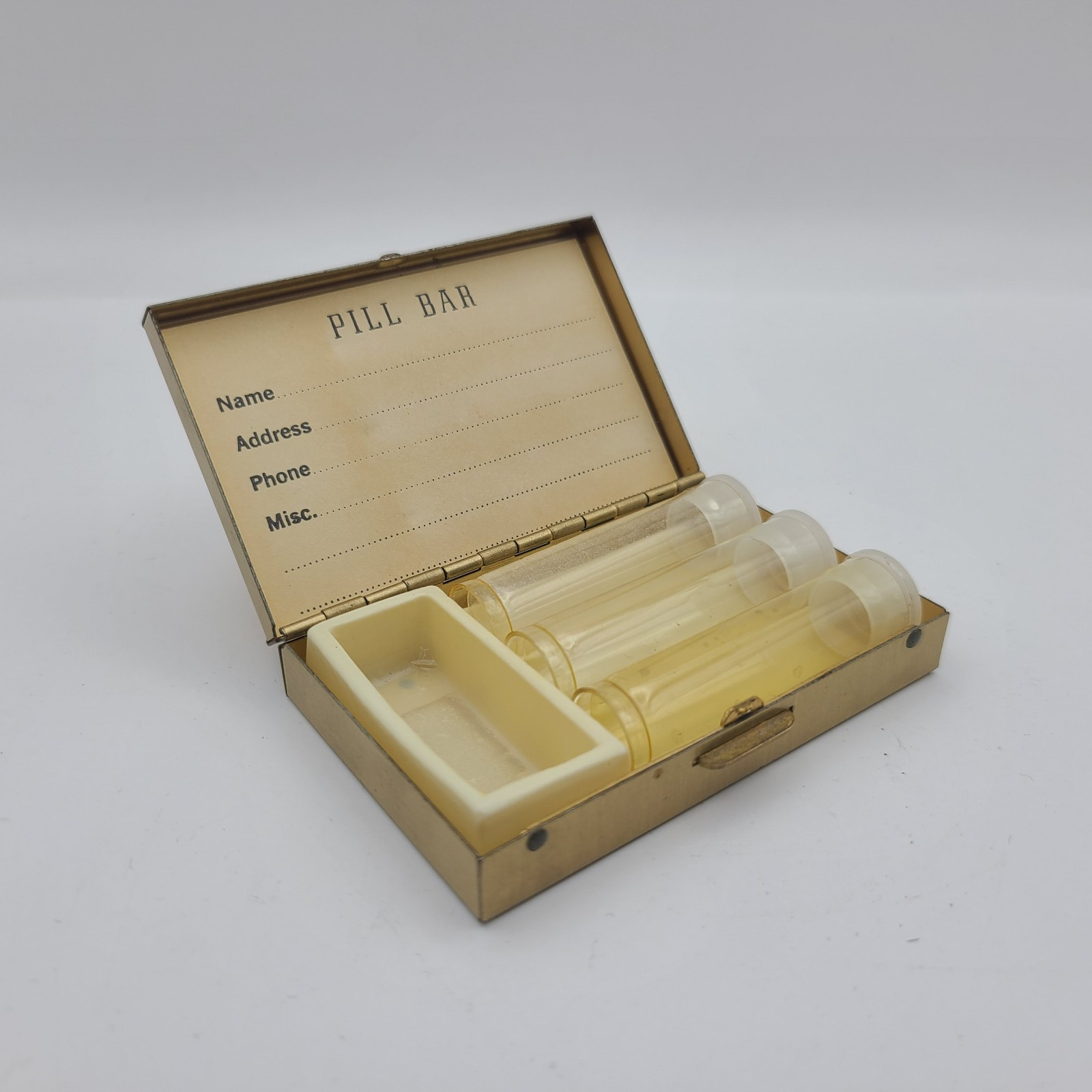 Vtg Floral Pill Bar Box Gold Tone Travel Medicine Caddy Organizer w/ Vials Vtg Floral Pill Bar Box Gold Tone Travel Medicine Caddy Organizer w/ Vials