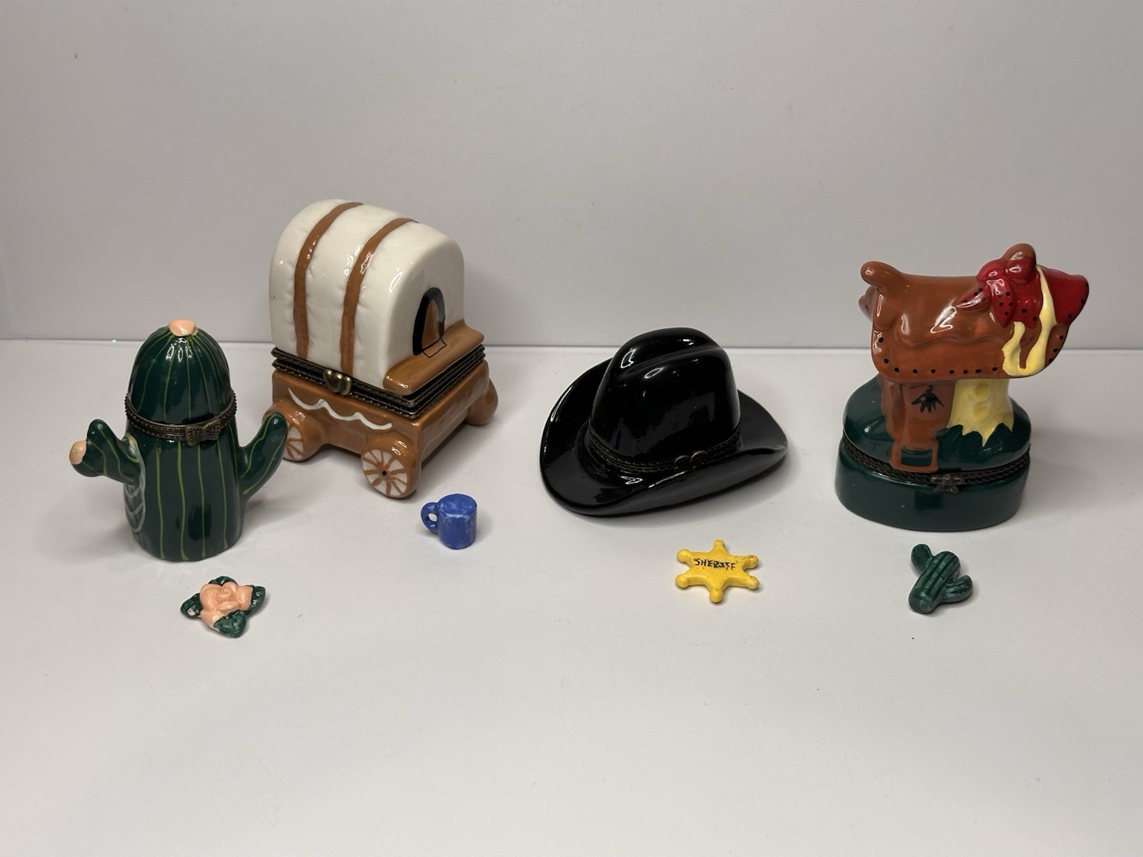 Set of 4 Western Porcelain Hinged Trinket Boxes Saddle Cactus Hat Carriage