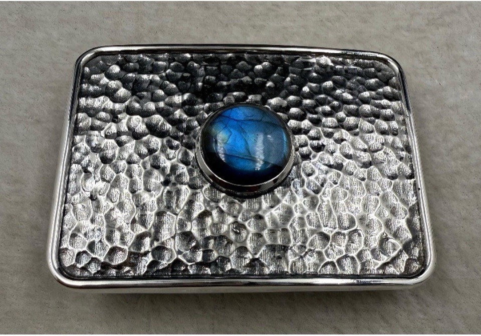 Artisan Made Hammered Sterling Belt Buckle Rectangle Labradorite Stone Artisan Made Hammered Sterling Belt Buckle Rectangle Labradorite Stone