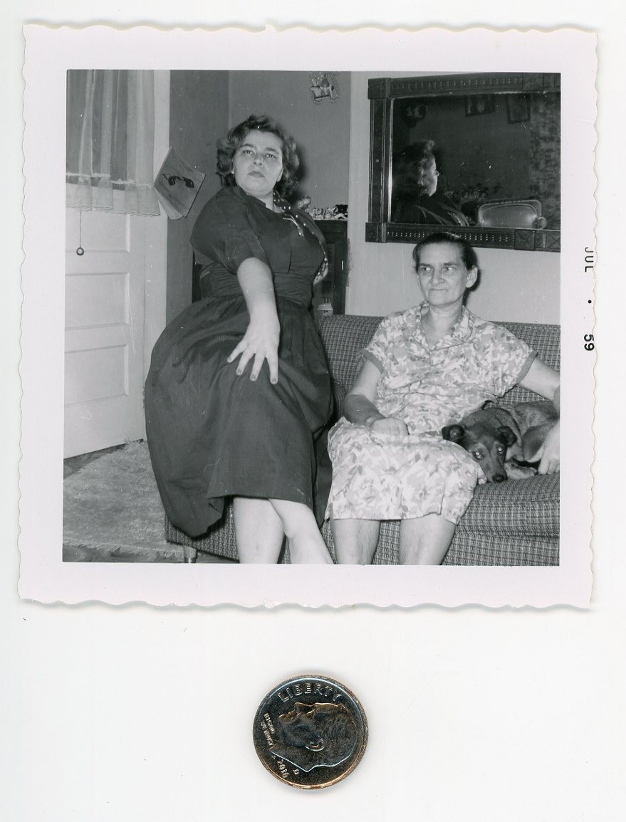 Vintage 1950s DOG photo / Aunt Snickers with Scared Puppy as Rose Strikes a Pose