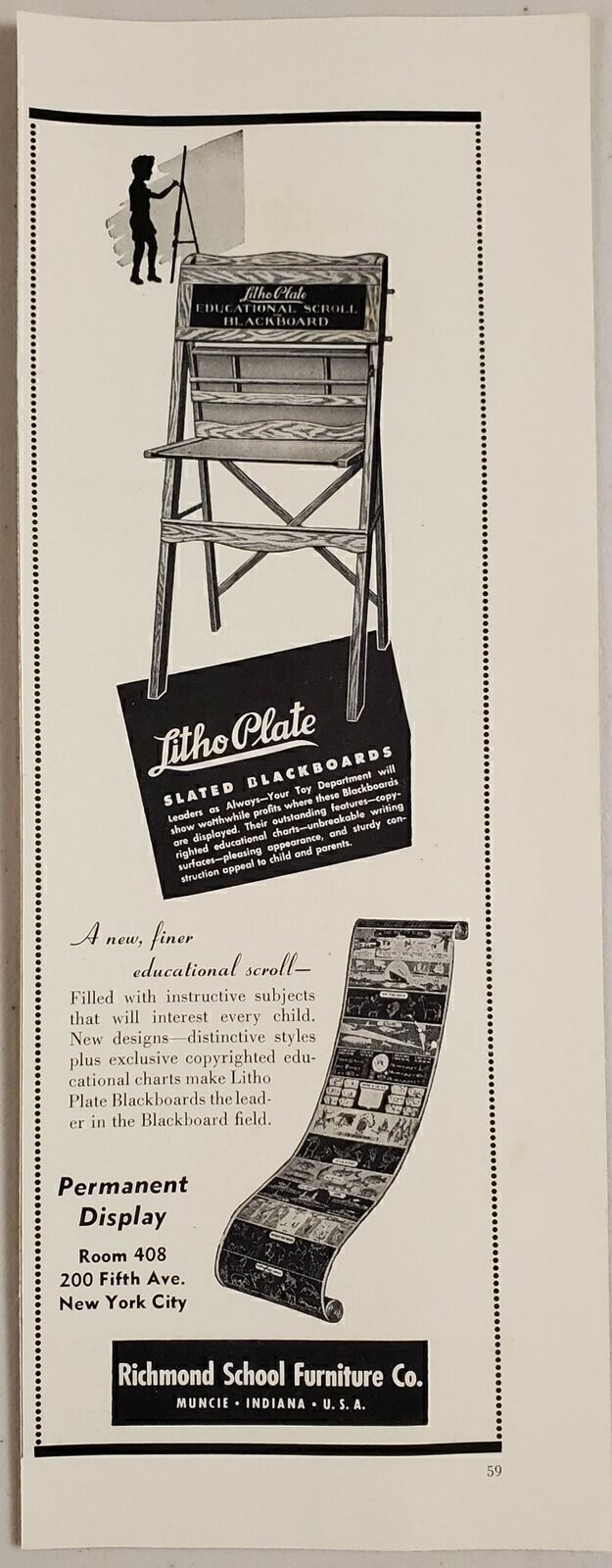 1951 Print Ad Litho Plate Slated Blackboards Richmond School Furniture Muncie,IN