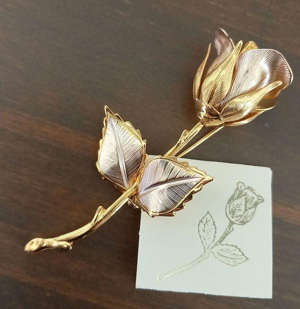 Vintage Giovanni Rose Brooch Gold-tone Metal Antique 1970s Used