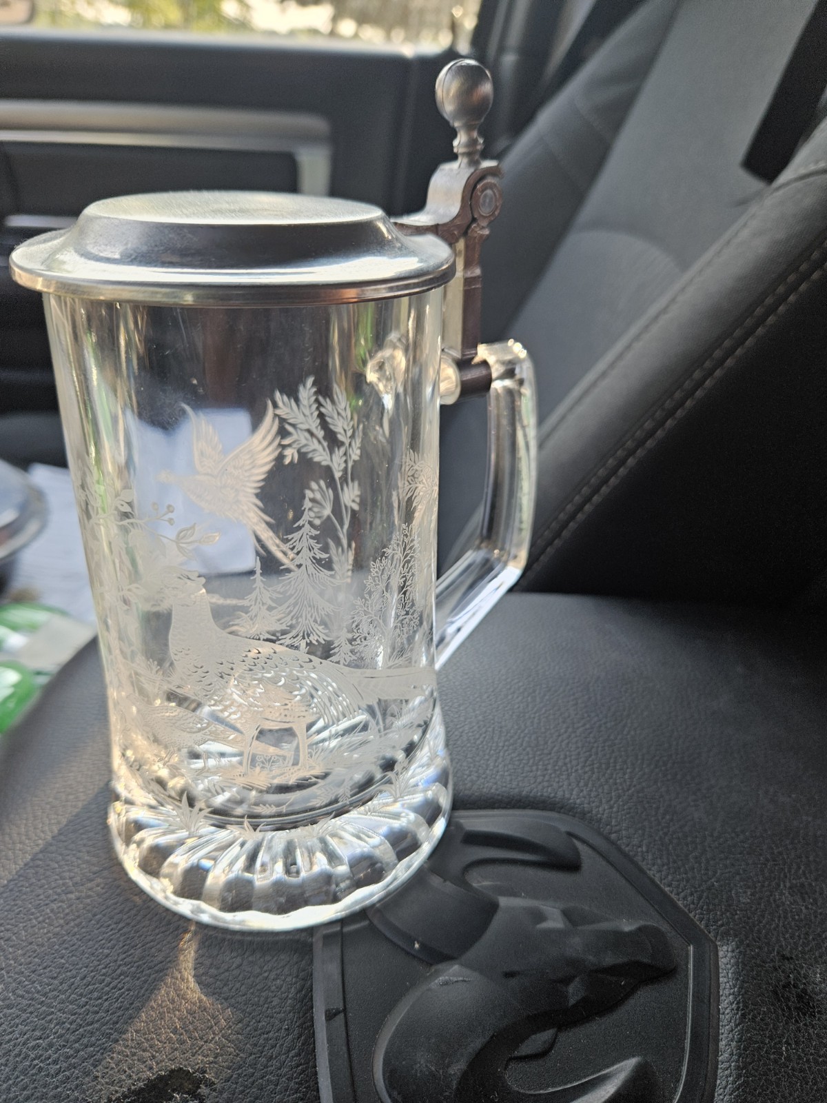 Vintage Alwe Glass Beer Stein Made In Germany Etched Ducks Pheasants Pewter Lid Vintage Alwe Glass Beer Stein Made In Germany Etched Ducks Pheasants Pewter Lid