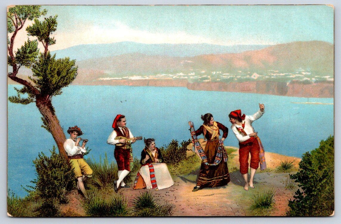 Antique Italy Postcard SORRENTO Folk Dancers Bay of Naples 1910s