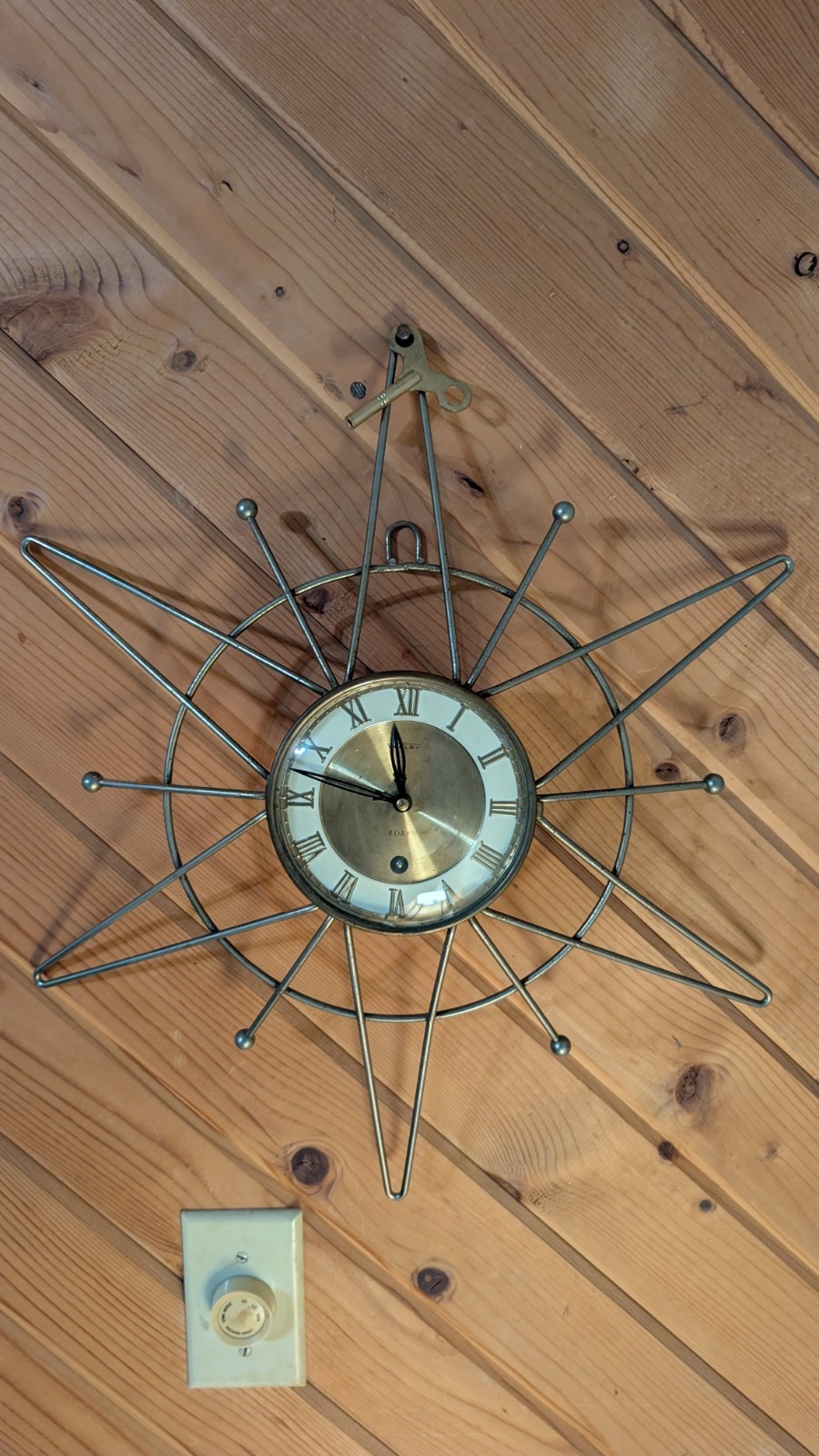 Vintage Welby Atomic Starburst Sunburst Wall Clock 16” Gold Mid Century w/Key