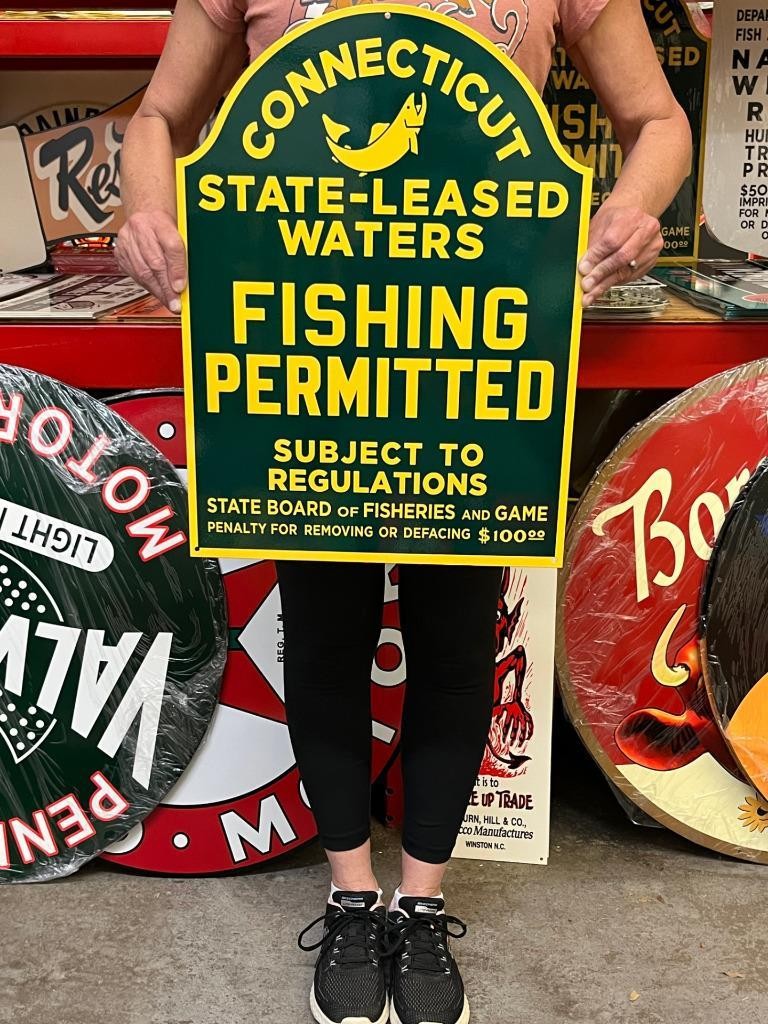 Antique Vintage Style Sign Connecticut Fishing NOT Porcelain Made USA 22x16