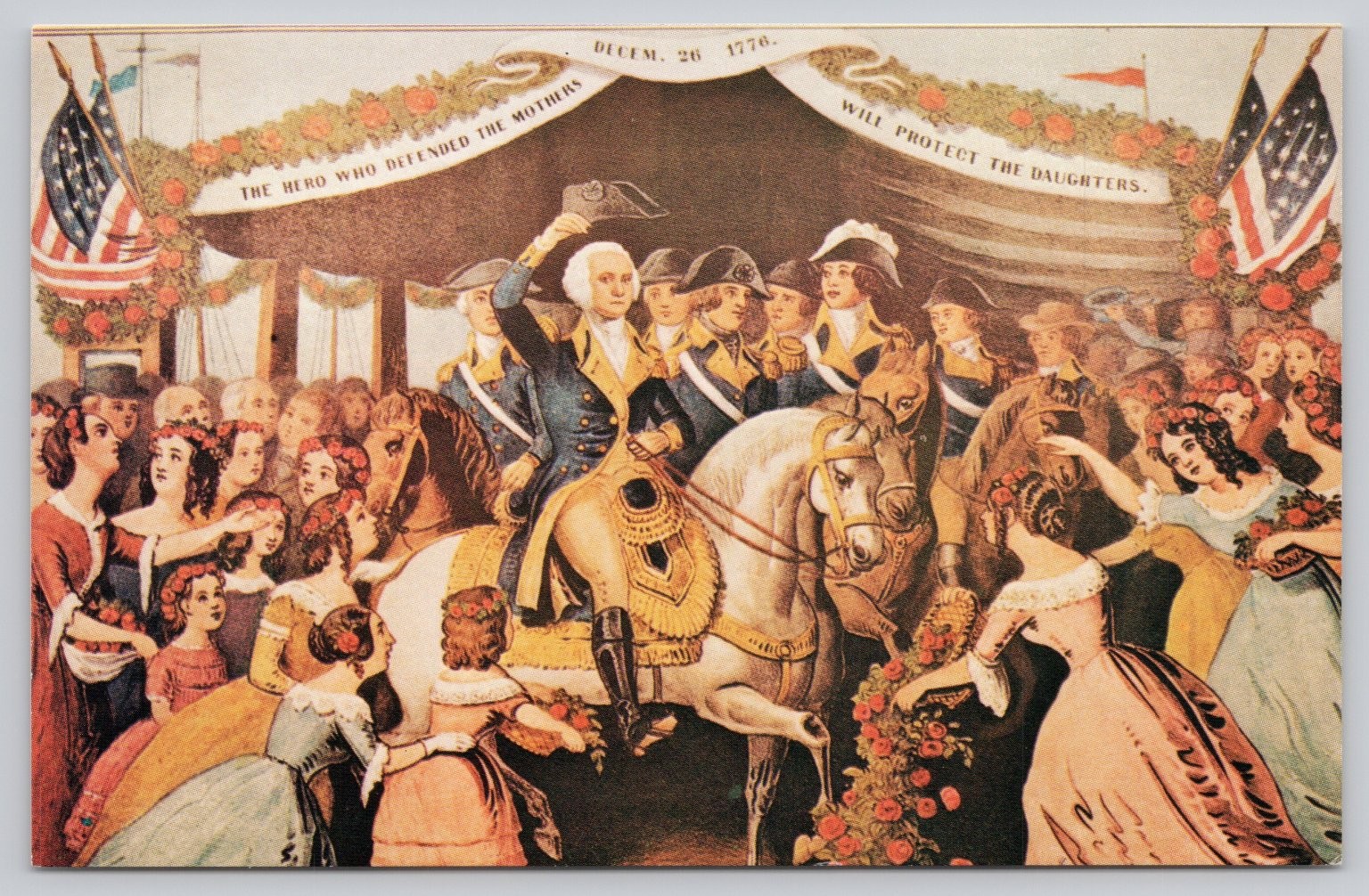 George Washington Reception Trenton NJ 1789 Currier & Ives Print Postcard 1982 George Washington Reception Trenton NJ 1789 Currier & Ives Print Postcard 1982