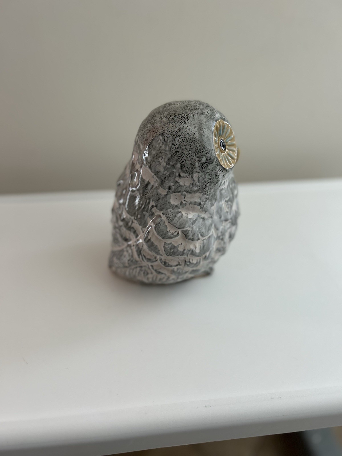 Grey Textured Ceramic Owl Figurine With Yellow Eyes  Very Nice Piece