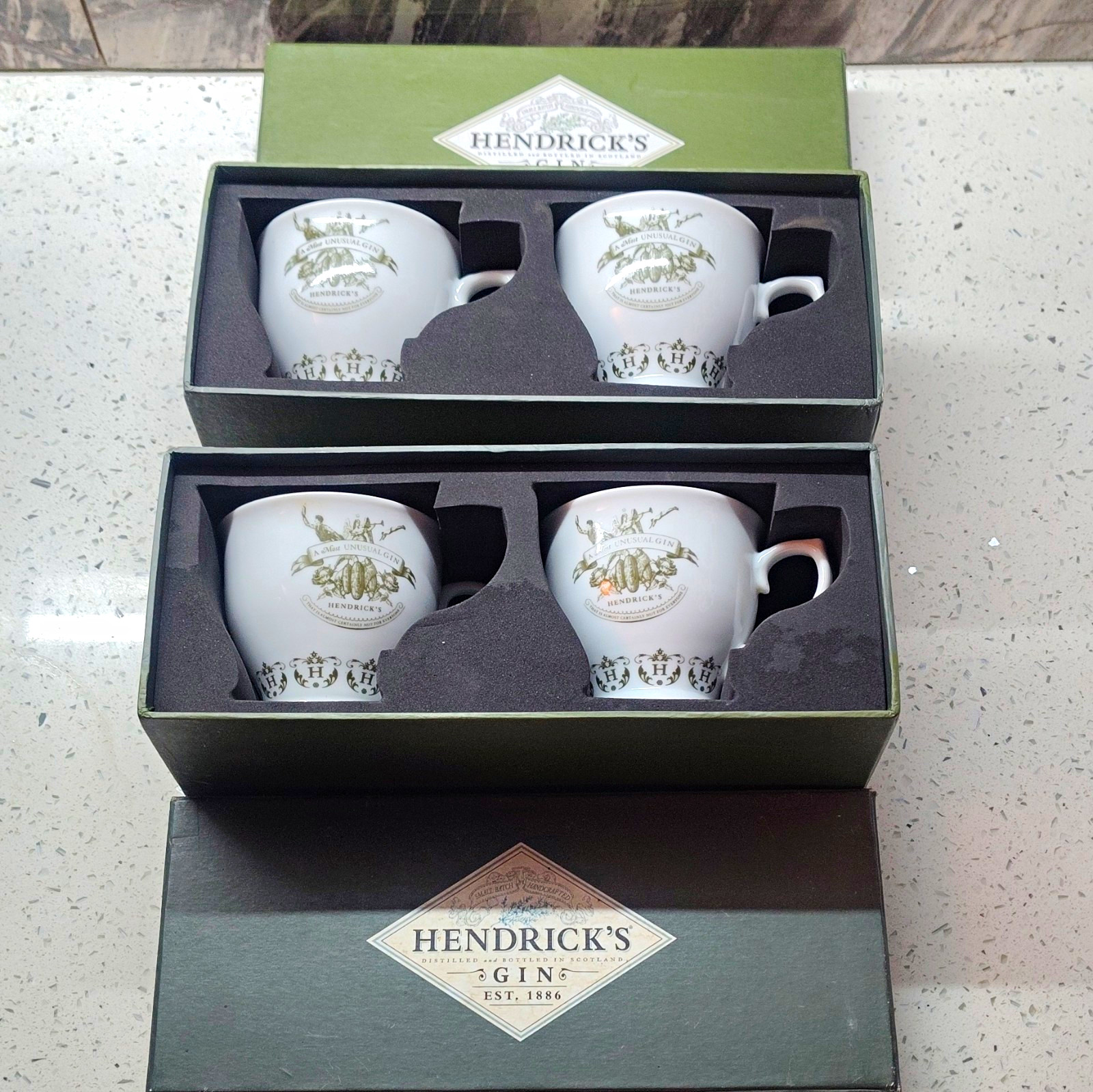 Hendrick\'s Gin Porcelain Teacups Set of 4 White/Gold w/ Original Boxes