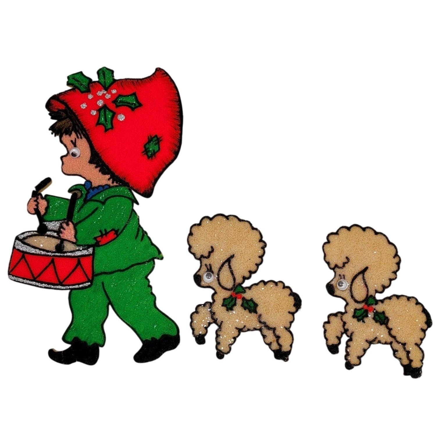 Christmas Foam Magnets Drummer Boy Poodles 3pc Glitter Holiday Dog Grandma Vtg