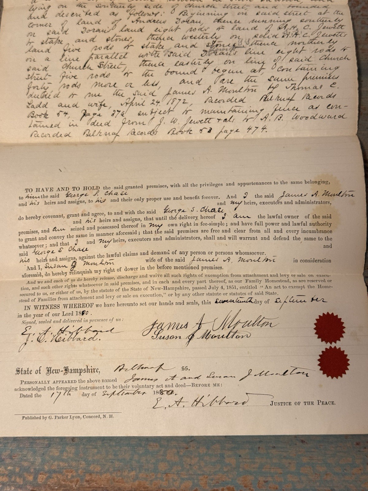 1880 Signed Deed: Laconia NH - Moulton to Chase - Belknap County Genealogy Paper