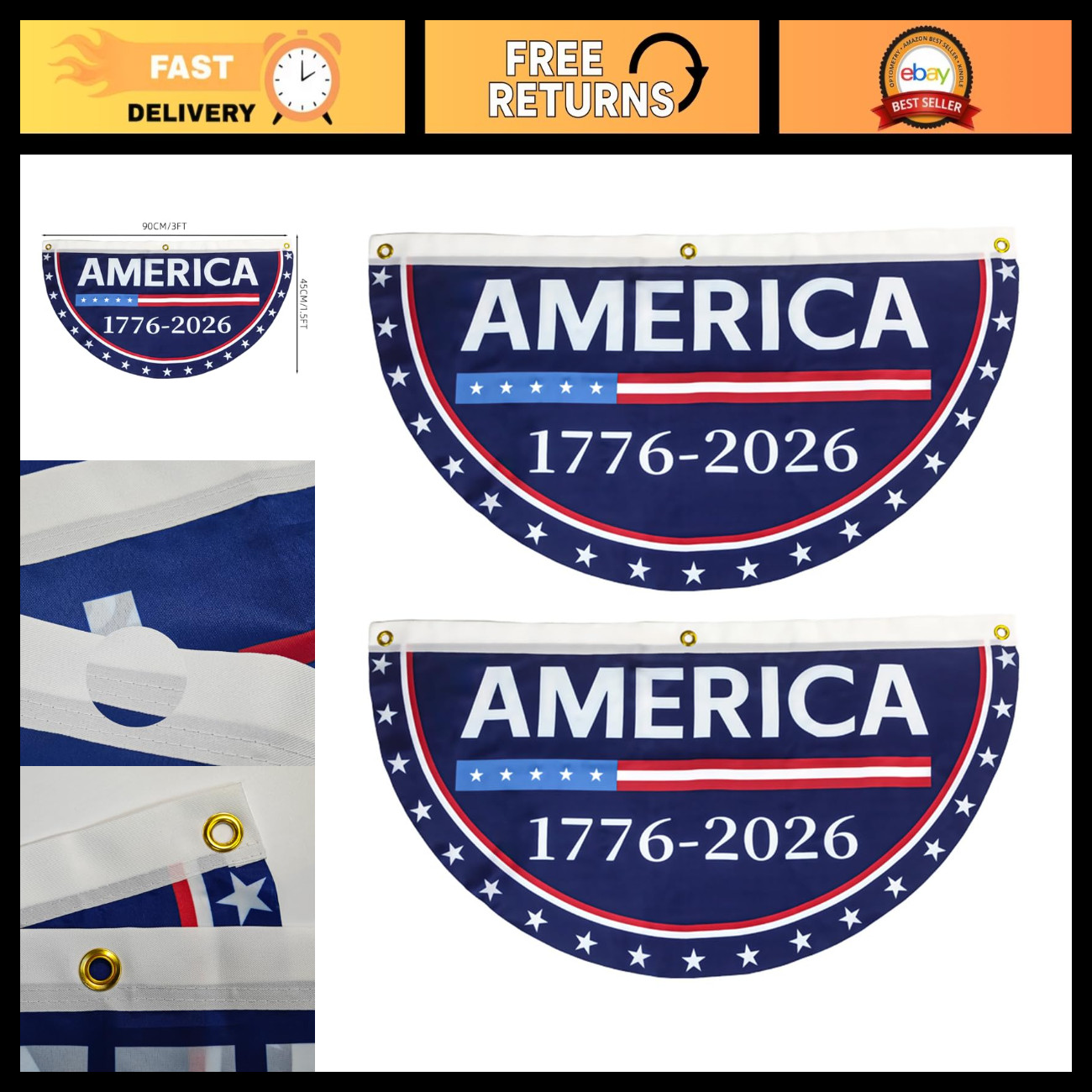 2PCS 250th Anniversary American Flags 1.5x3 FT Double-Sided Heavy Duty Banner fo