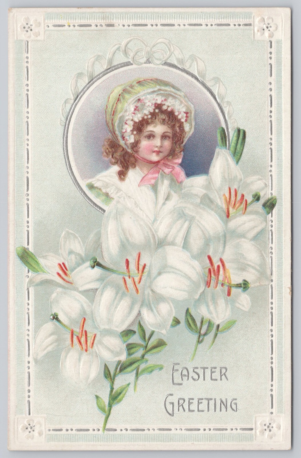 Atq/Vtg Embossed Post Card Blessed Easter Tide Cross-Flowers-Angel-Girl N115