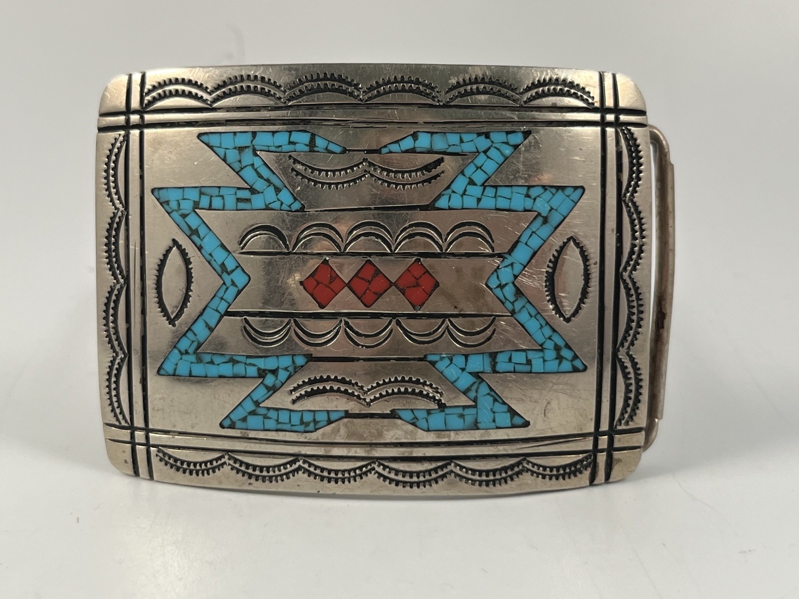 SILVER TONE INLAID TURQUOISE CORAL SOUTHWESTERN SIGNED 