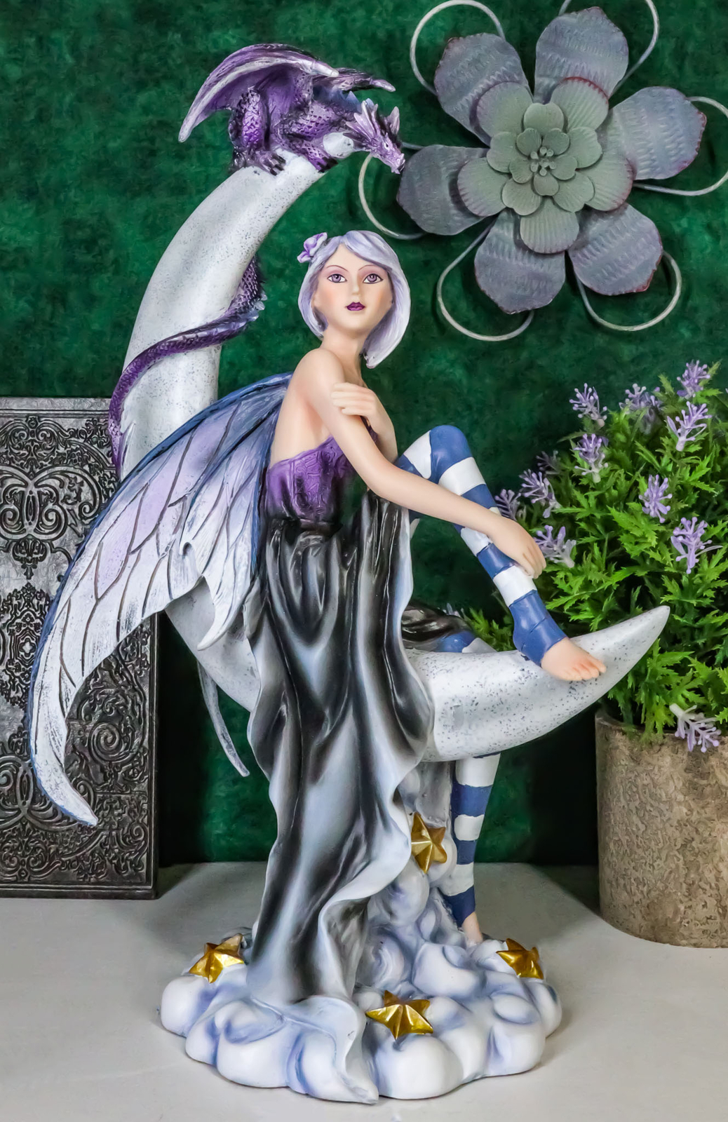 Ebros Large Celestial Crescent Moon Fairy With Pet Dragon Figurine 13\