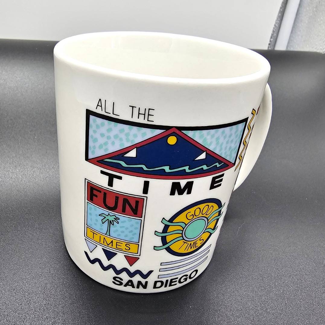 Vintage San Diego California Souvenir Coffee Mug Fun Times Retro Memphis Style