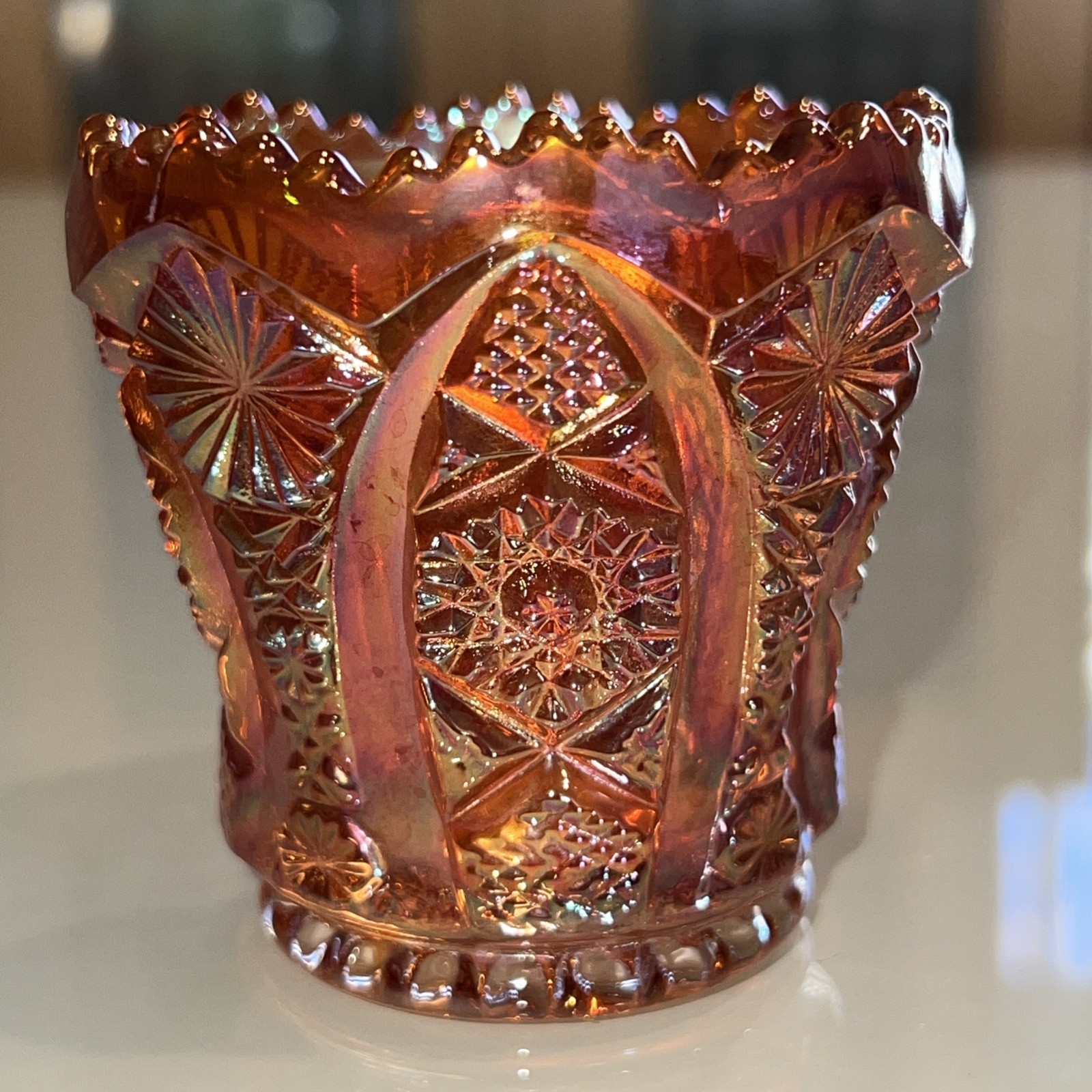 Imperial Carnival Glass Marigold/Rubigold Daisy and Button Toothpick Holder