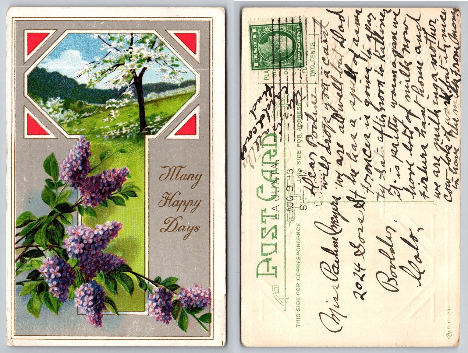 1913 La Junta CO Postcard Lilacs & Blossoming Tree \ 1913 La Junta CO Postcard Lilacs & Blossoming Tree \