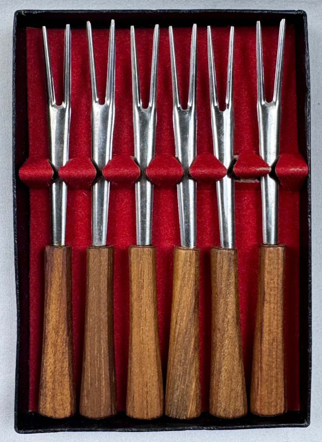 (3A) Vintage MCM Teak Wood Cocktail Forks Set 6 Japan Stainless Steel Appetizer 