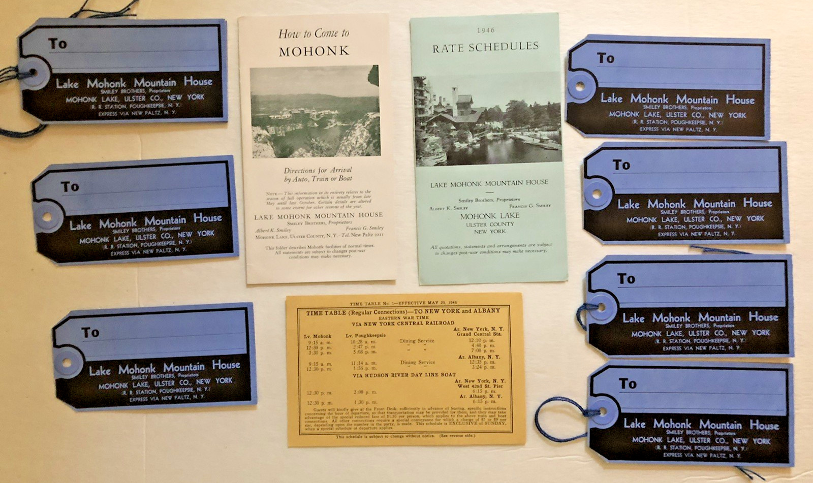 LAKE MOHONK MOUNTAION HOUSE Ephemera 1945-46 ROOM RATES, RAILROAD TIMETABLE ++