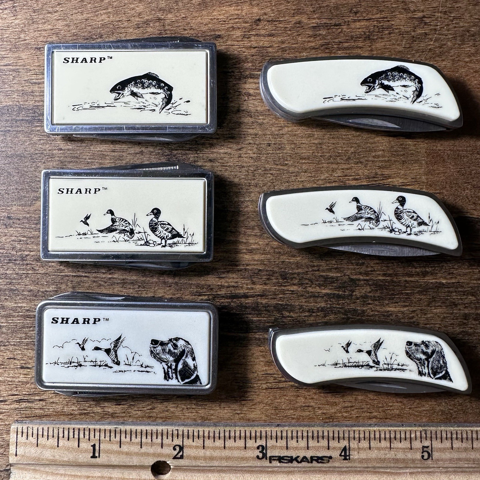 Vtg Sharp Wildlife Pocket Knife Money Clip Lot 6pc Scrimshaw Duck Fish Dog