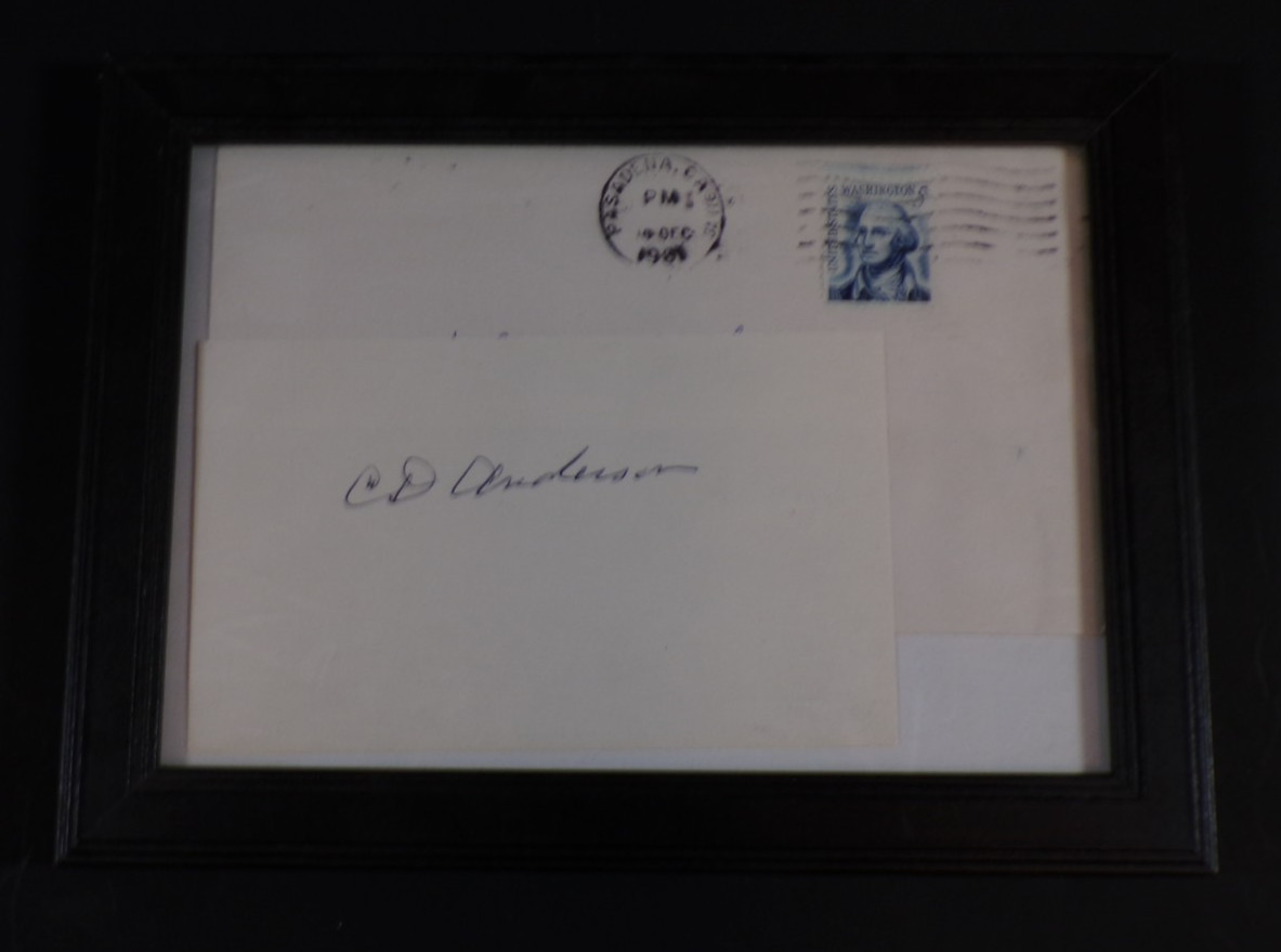 Signed Carl D Andersen Nobel Prize Physics Signed card and handwritten envelope