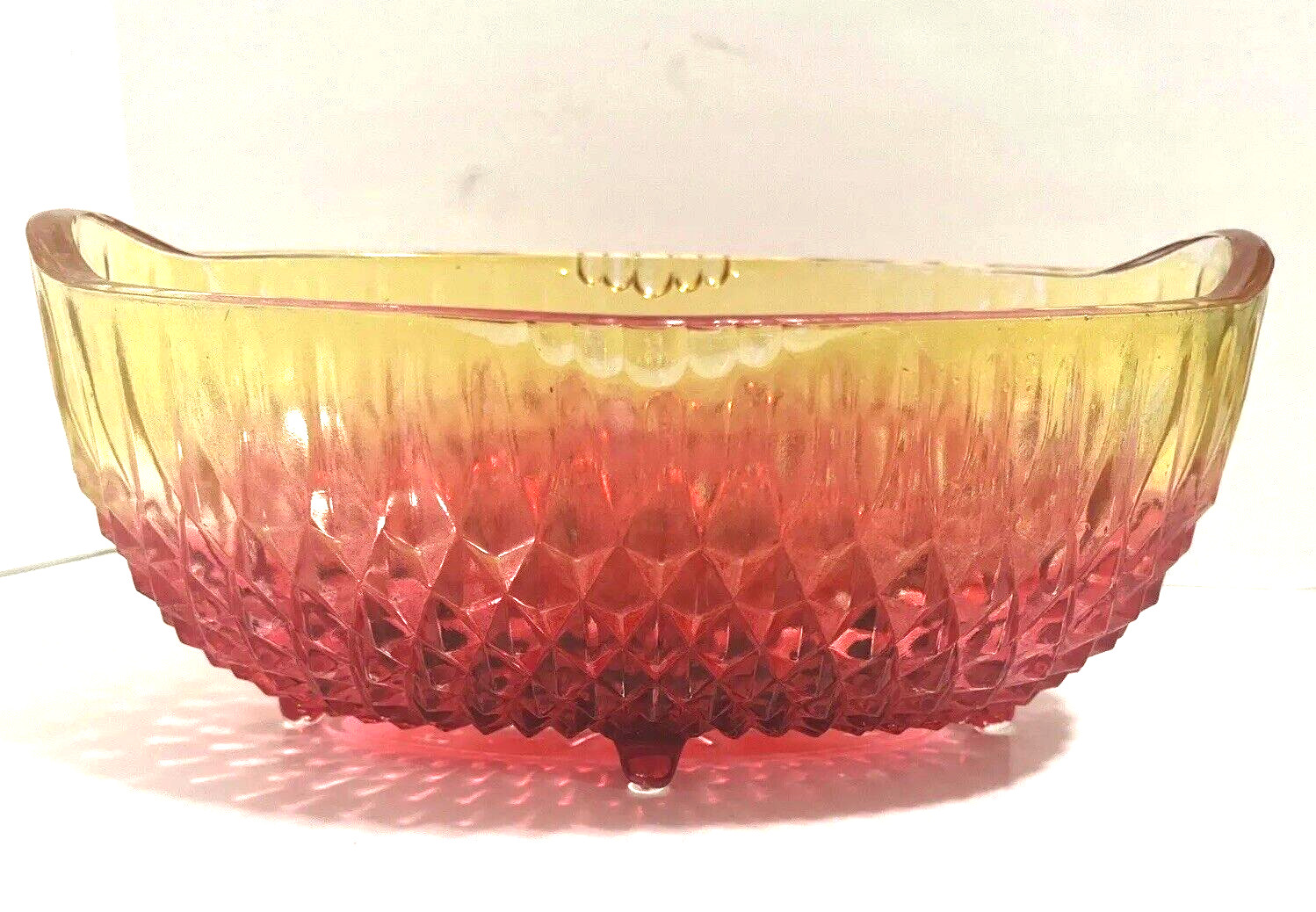 Vintage Indiana Glass Amber Diamond Point Oval Footed Bowl w/Cranberry Flashed