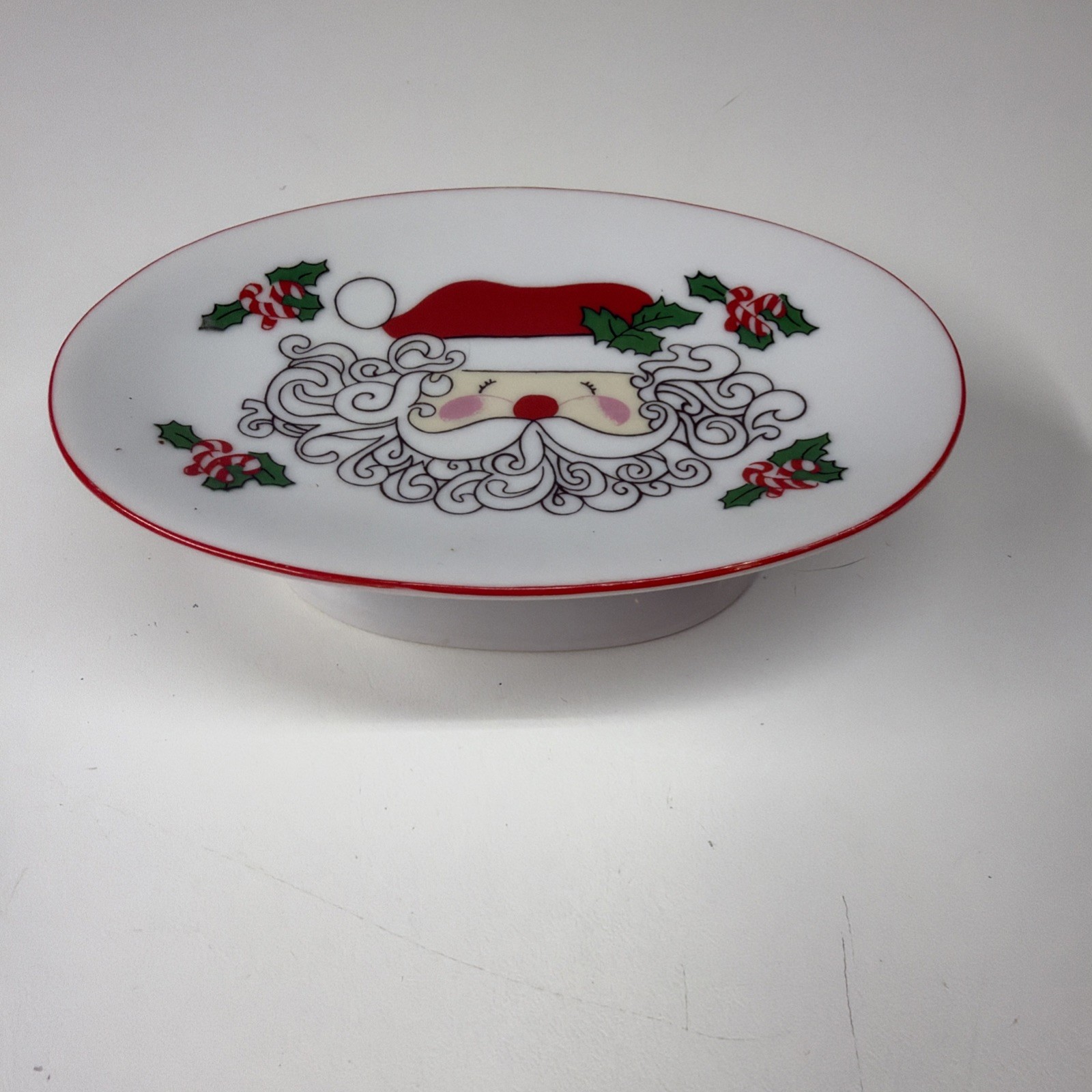 VTG Whimsical Santa Claus Curly Beard Candy Canes Holly Soap Trinket Dish Korea 