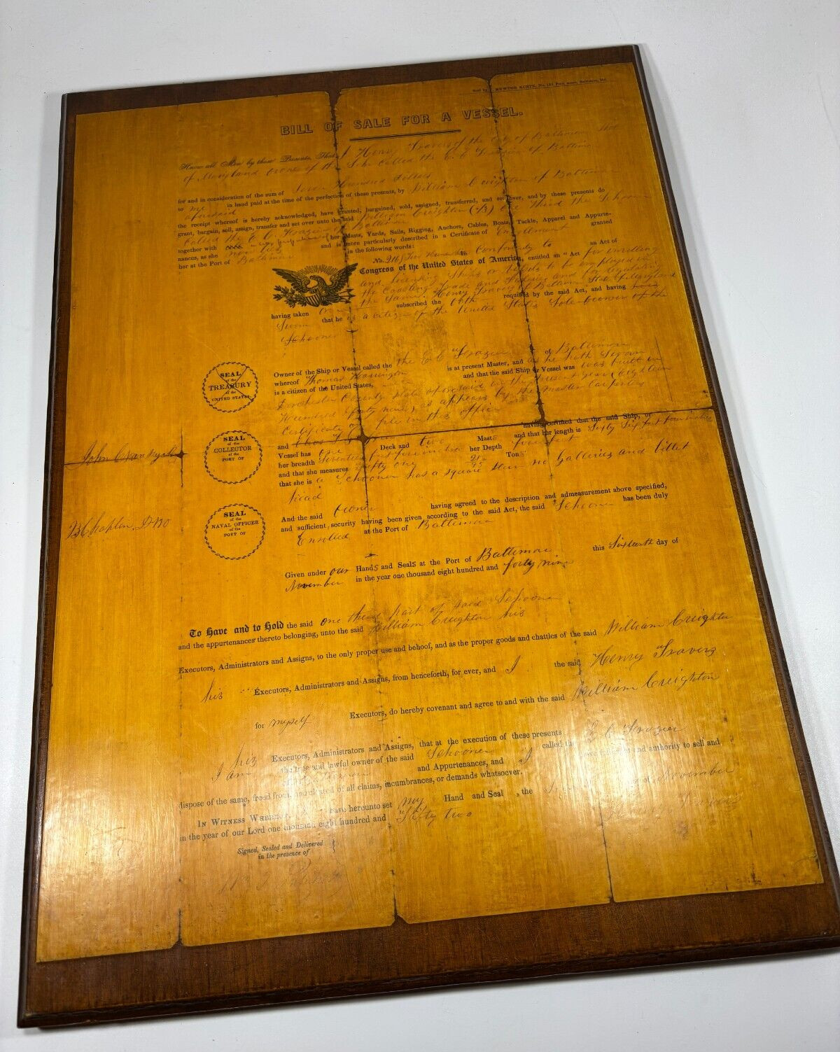 Antique 1849 Bill Of Sale Vessel Ship E.C. Frazier Baltimore MD USA Original Vtg