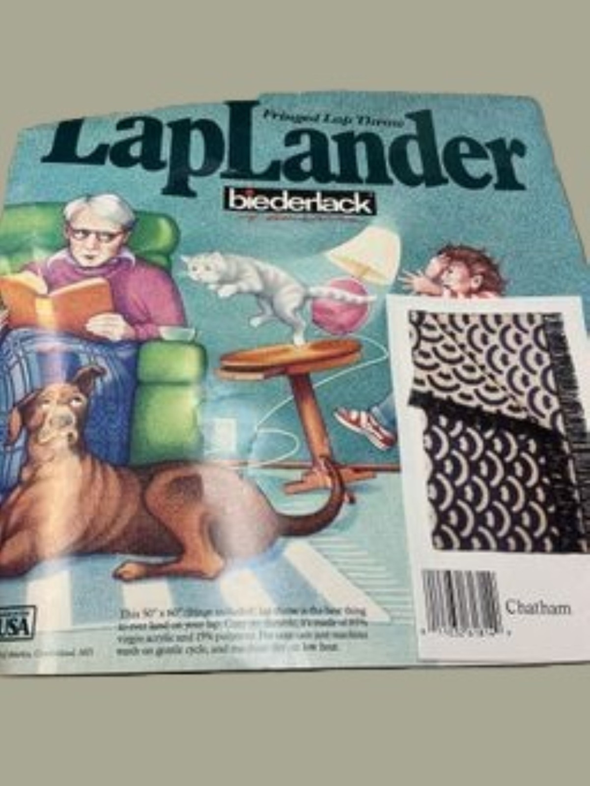 Vintage 1991 Biederlack LapLander Chatham blue white fringed lap throw