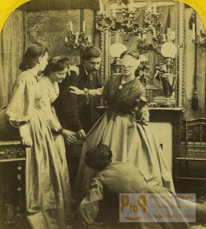 France Genre Scene Blind man\'s buff game blindfold Old Stereoview photo 1865