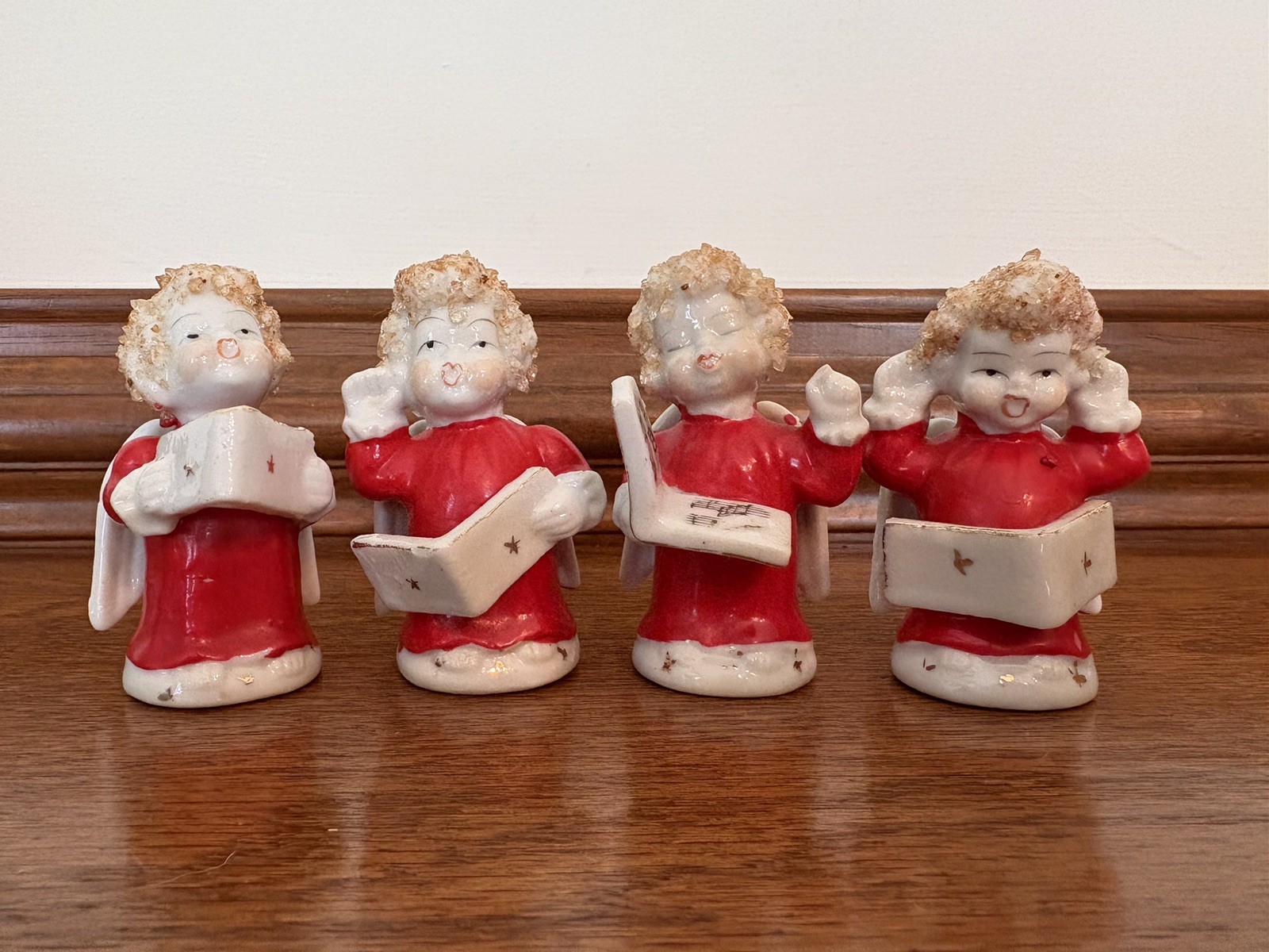 Vtg 1950\'s Christmas Spaghetti Hair Lot Of 4 Angel Figurines Made In Japan 3.25”