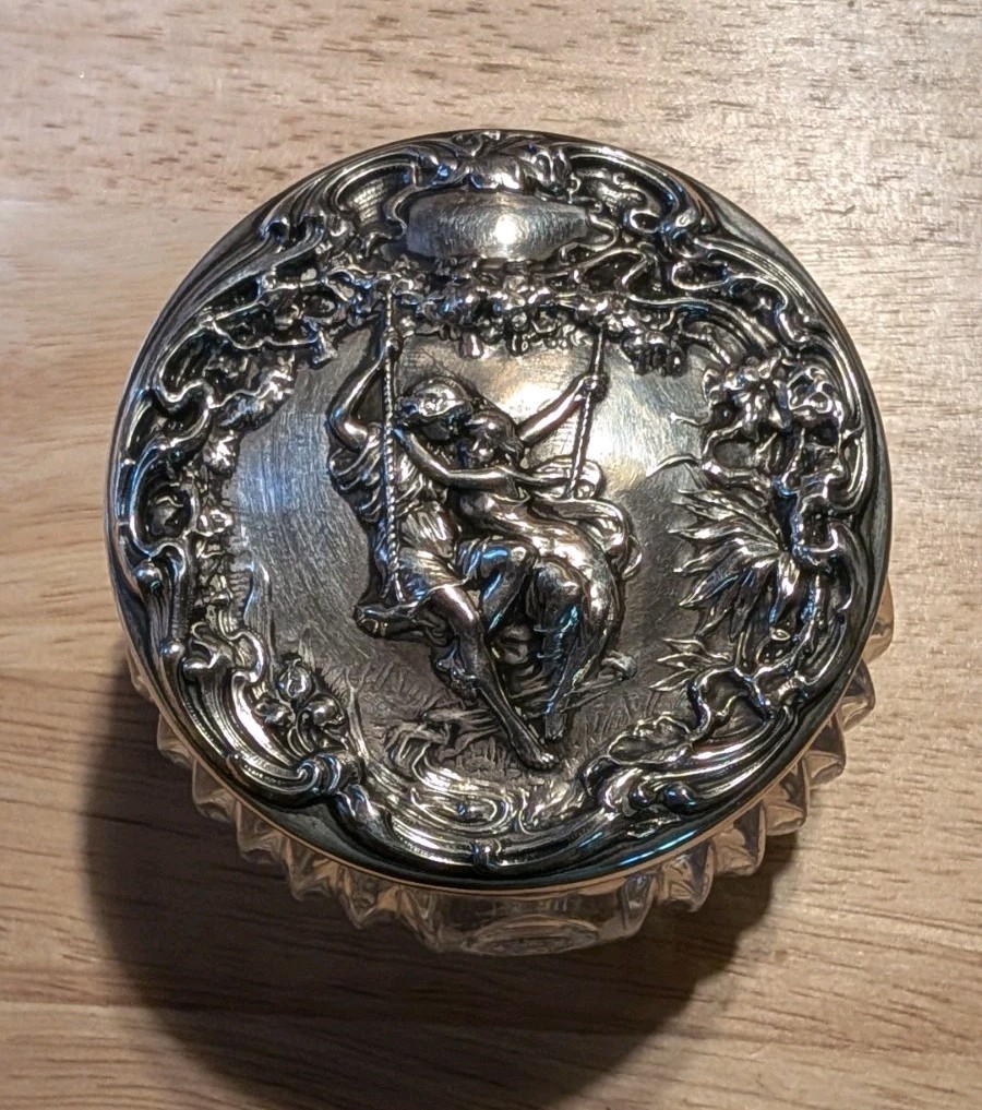 Antique Art Nouveau Foster Bailey Paul Virginia Sterling Silver Glass Powder Jar